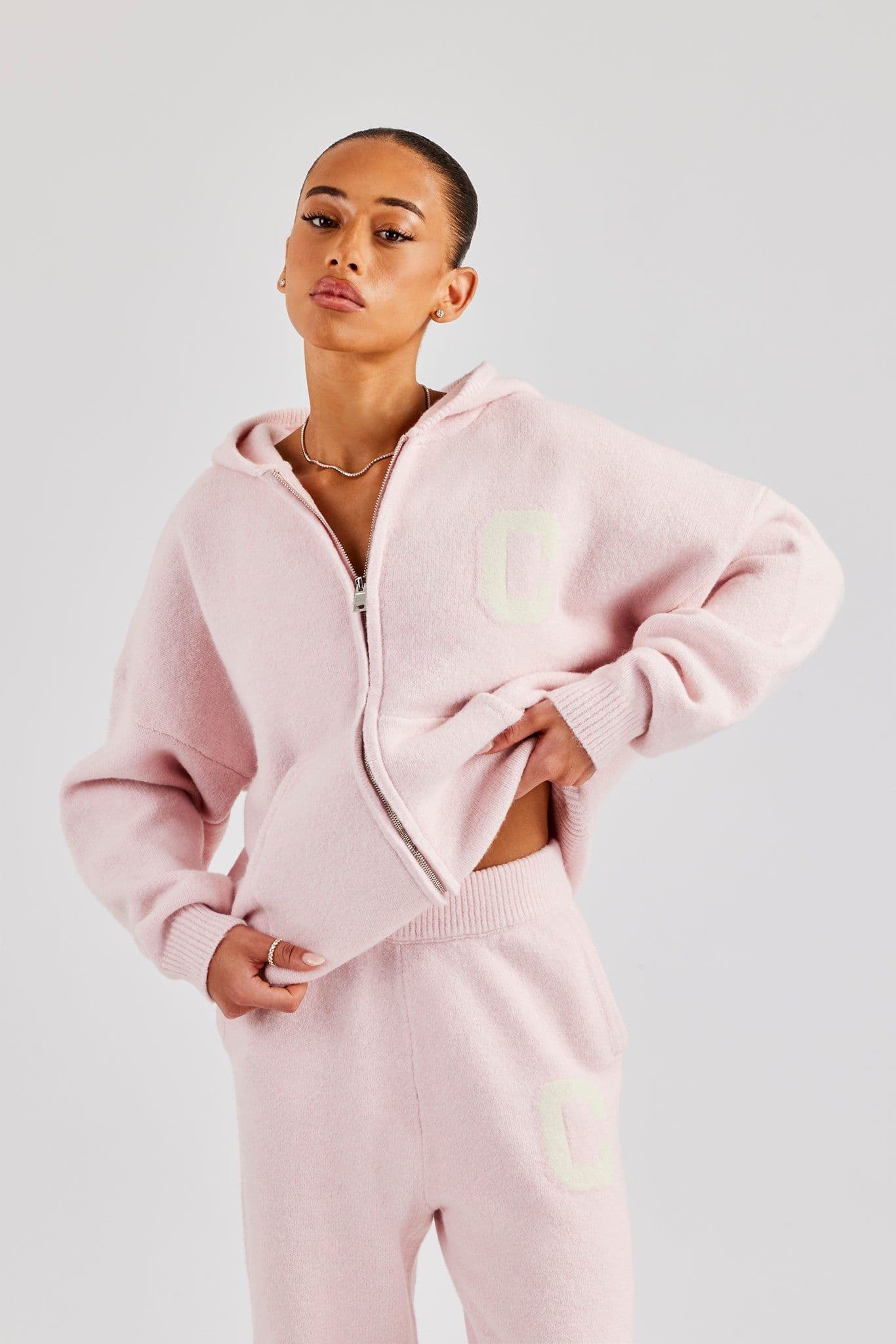 Hooded Zip Through Knitted Jumper Pink Light Pink