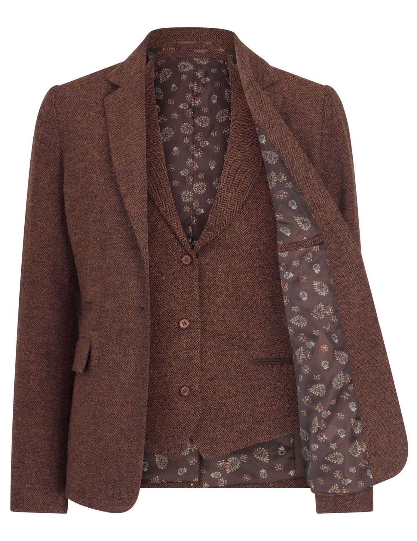 2 Piece Set Herringbone Wool Tweed Check Blazer Waistcoat