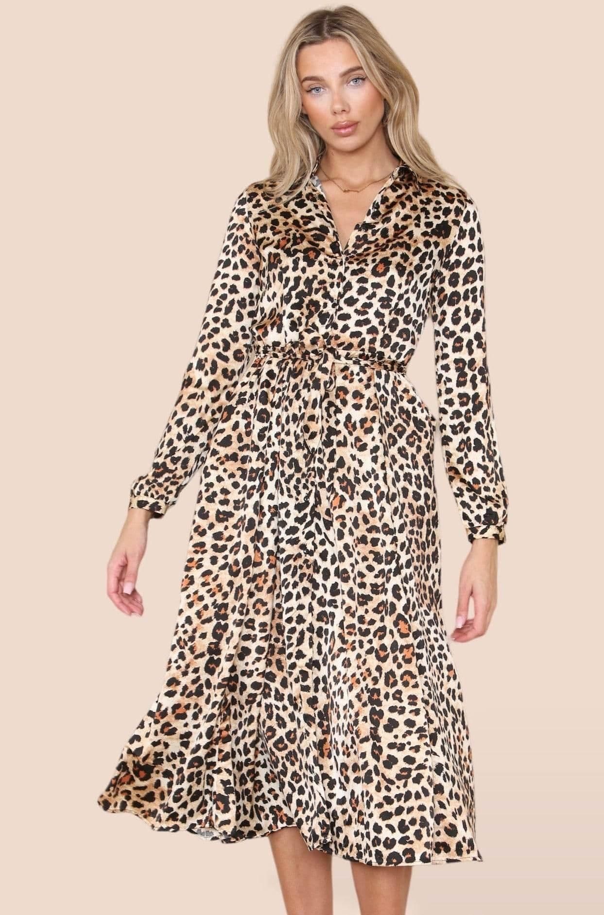 Leopard Print Cotton Satin Long Sleeve Midaxi Shirt Dress