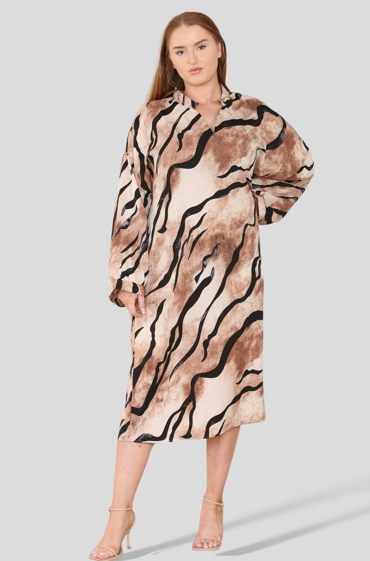 Tiger Stripe Print V Neck Satin Curve Shift Dress
