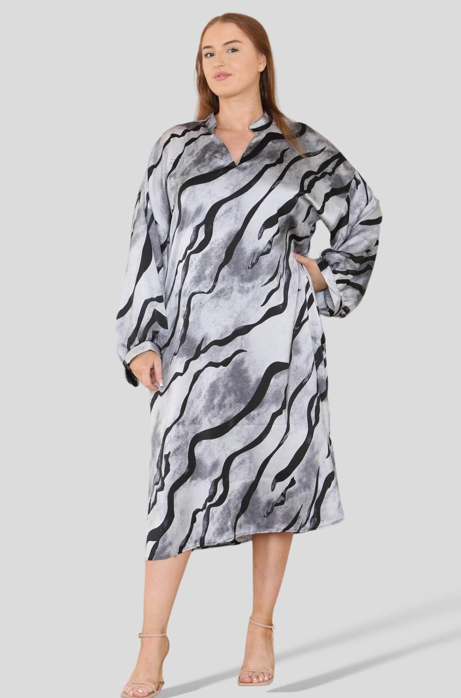 Tiger Stripe Print V Neck Satin Curve Shift Dress