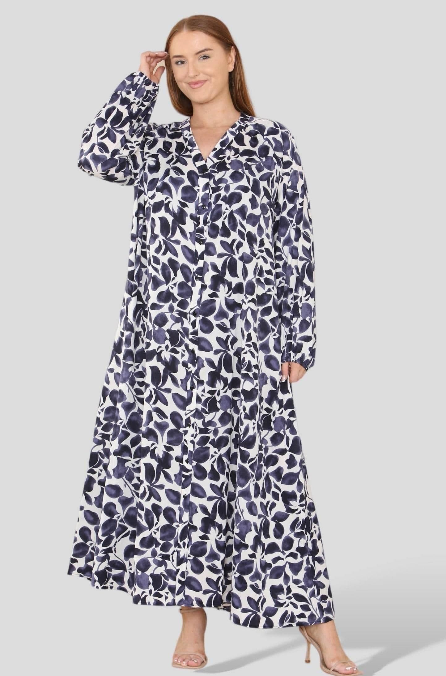 Floral Print Buttoned Curve Maxi Shirt Dress