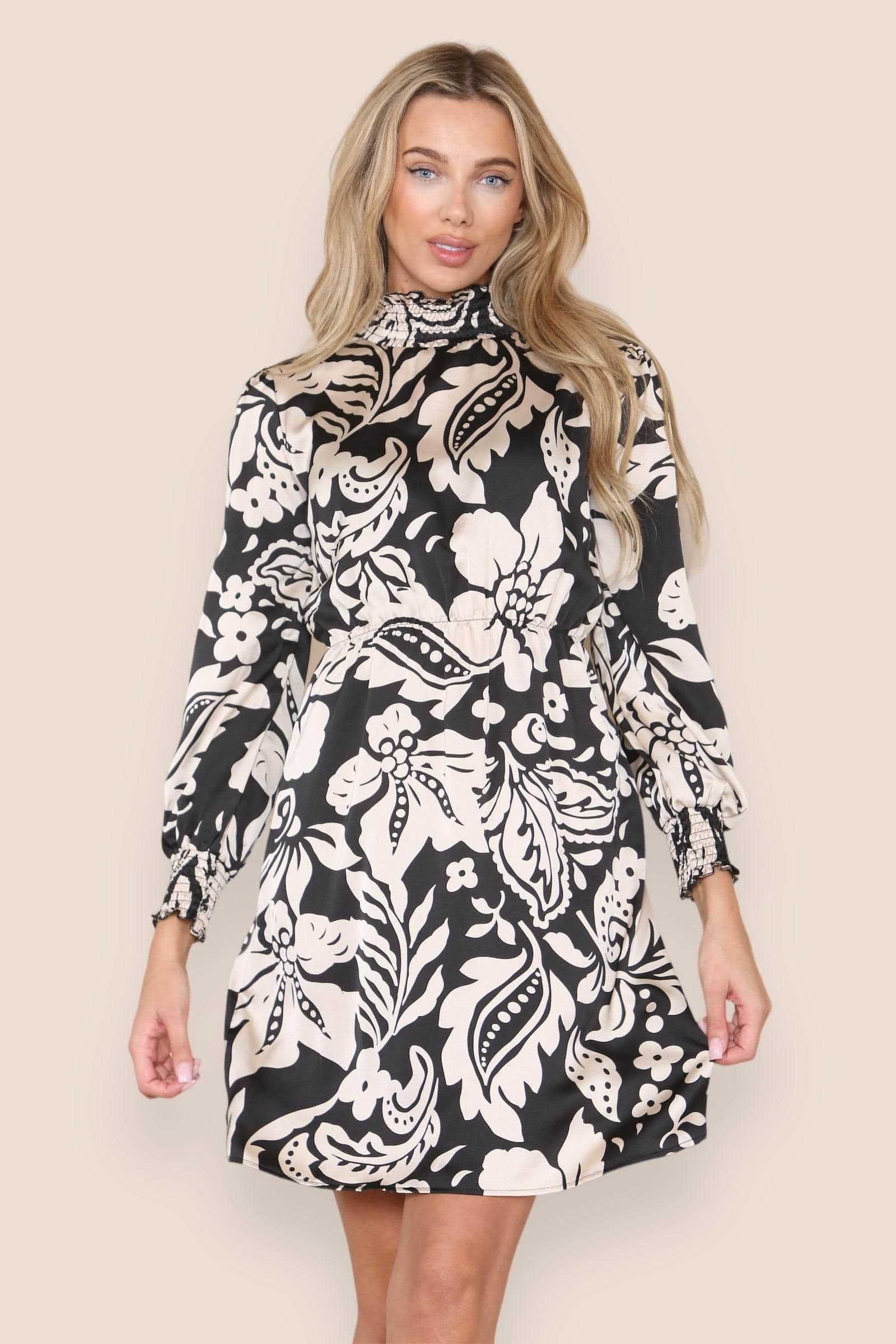 Mono Floral Print Satin Shirred Waist High Neck Mini Dress