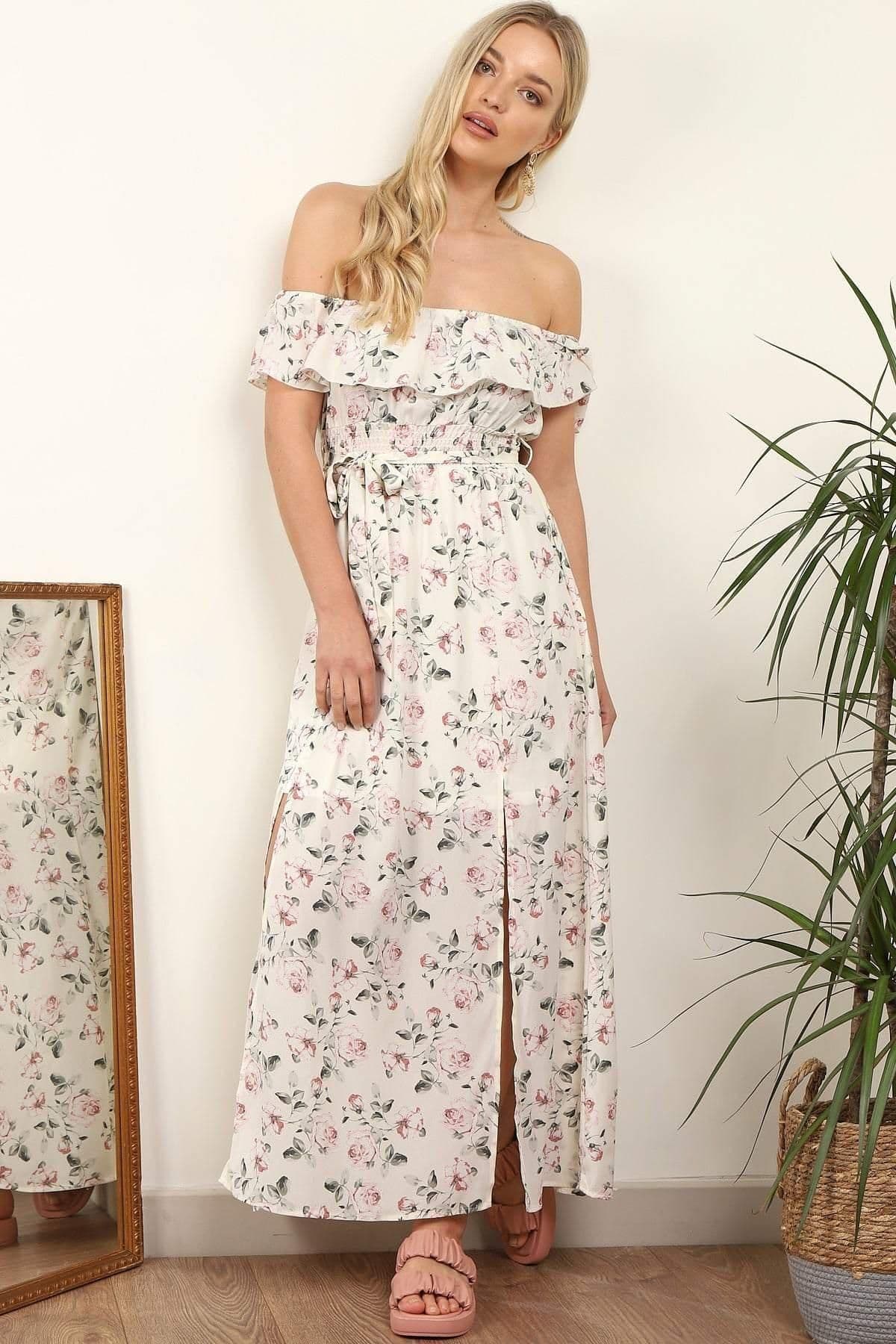 Rose Printed Frill Bardot Maxi Dress