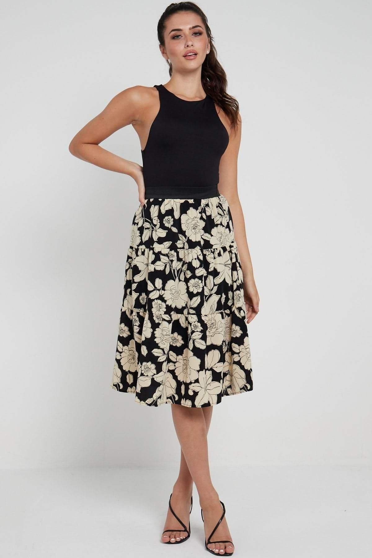 Floral Printed Tiered Midi Skirt