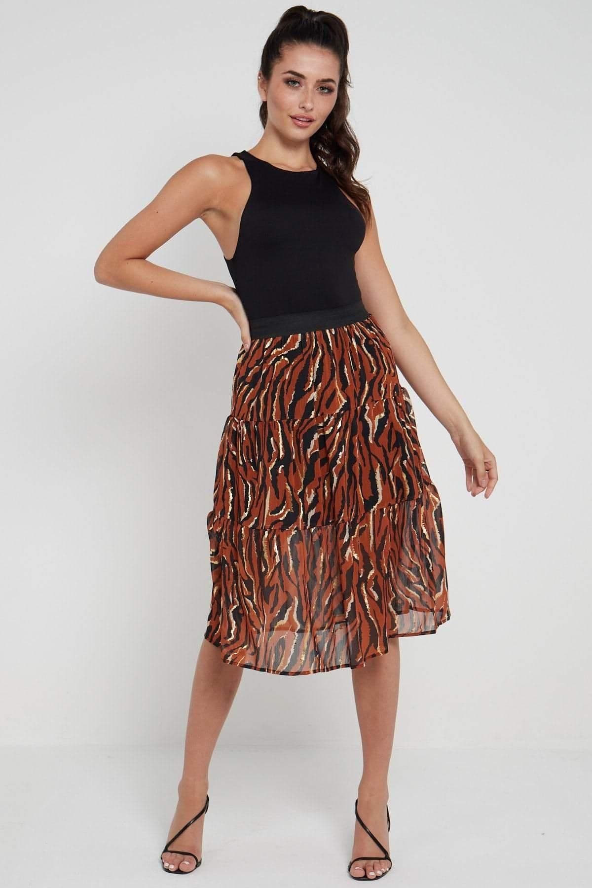 Zebra Printed Gold Striped Tiered Midi Skirt