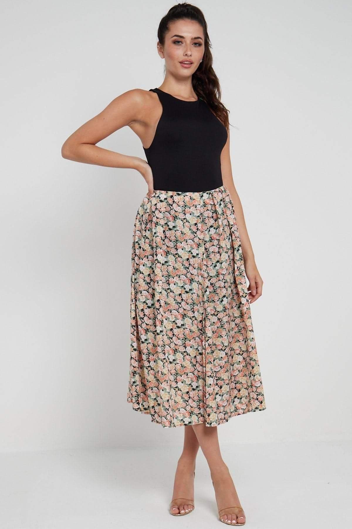 Floral Printed Side Slit Pleated Midi Skirt