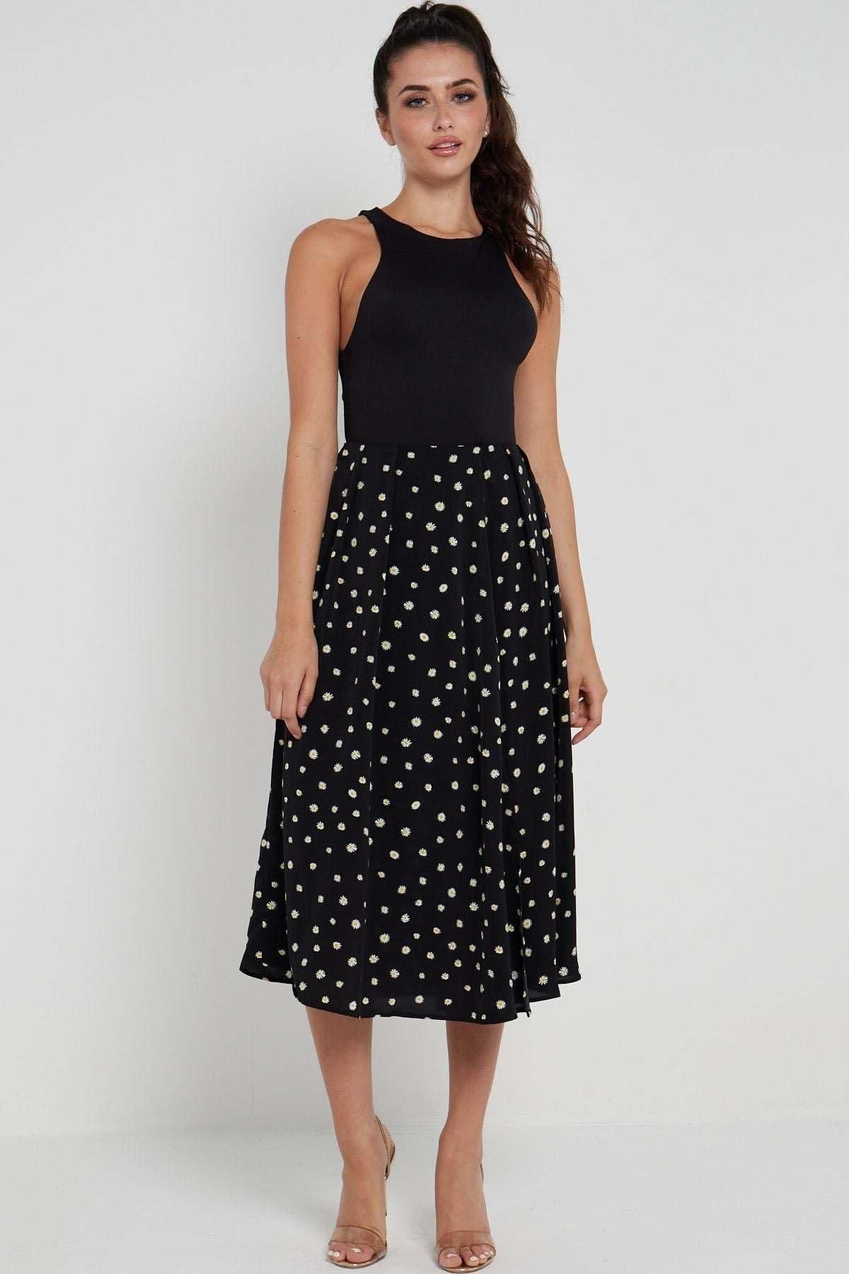 Daisy Printed Side Slit Pleated Midi Skirt