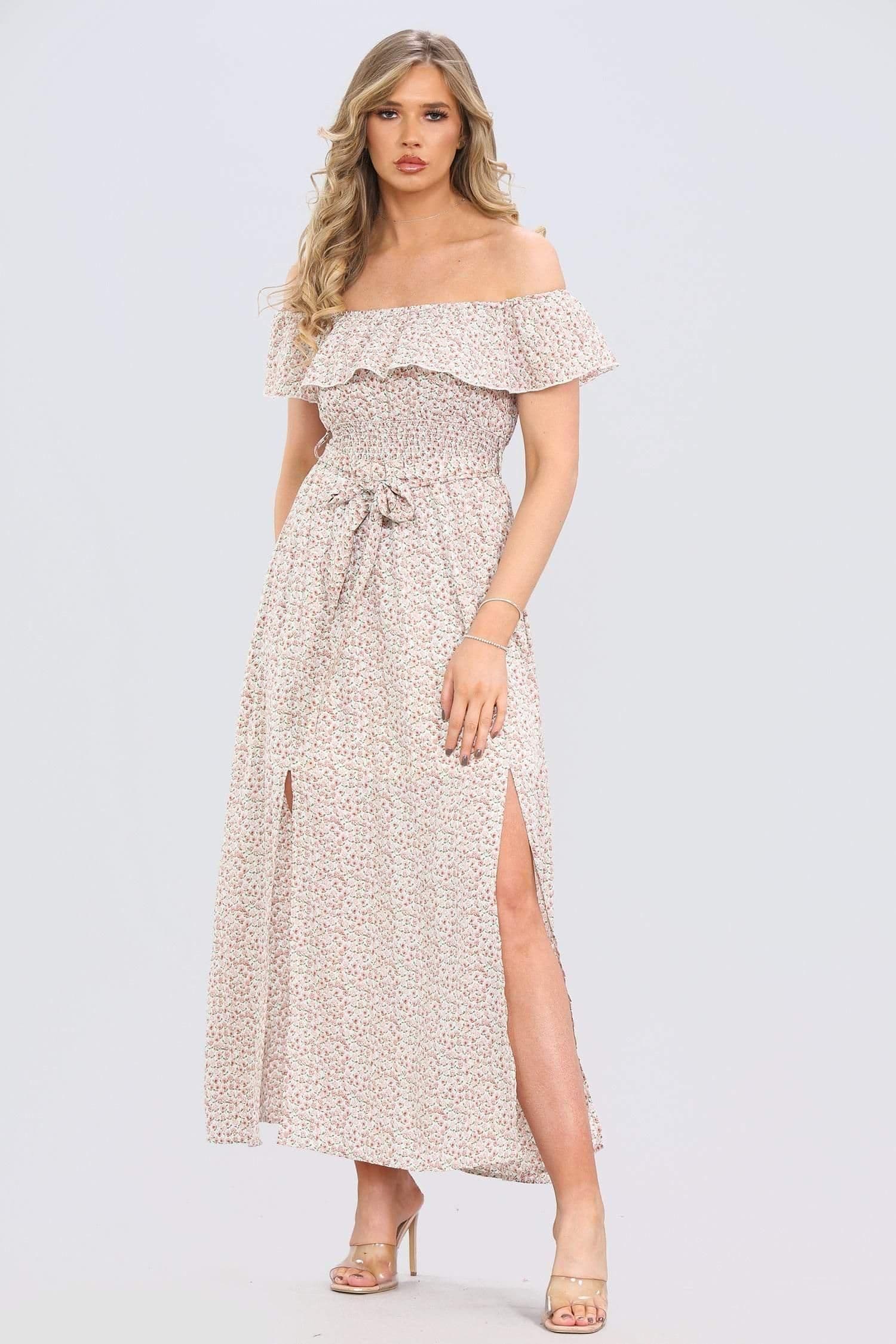 Ditsy Floral Print Frill Bardot Maxi Dress