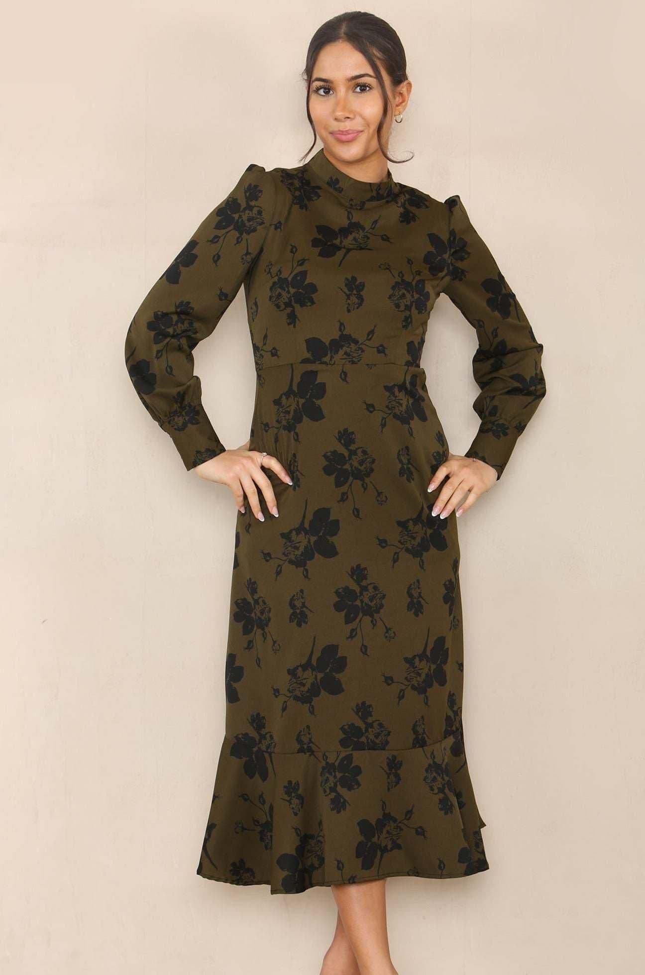 Floral Print Frilled Hem Bodycon Midi Dress
