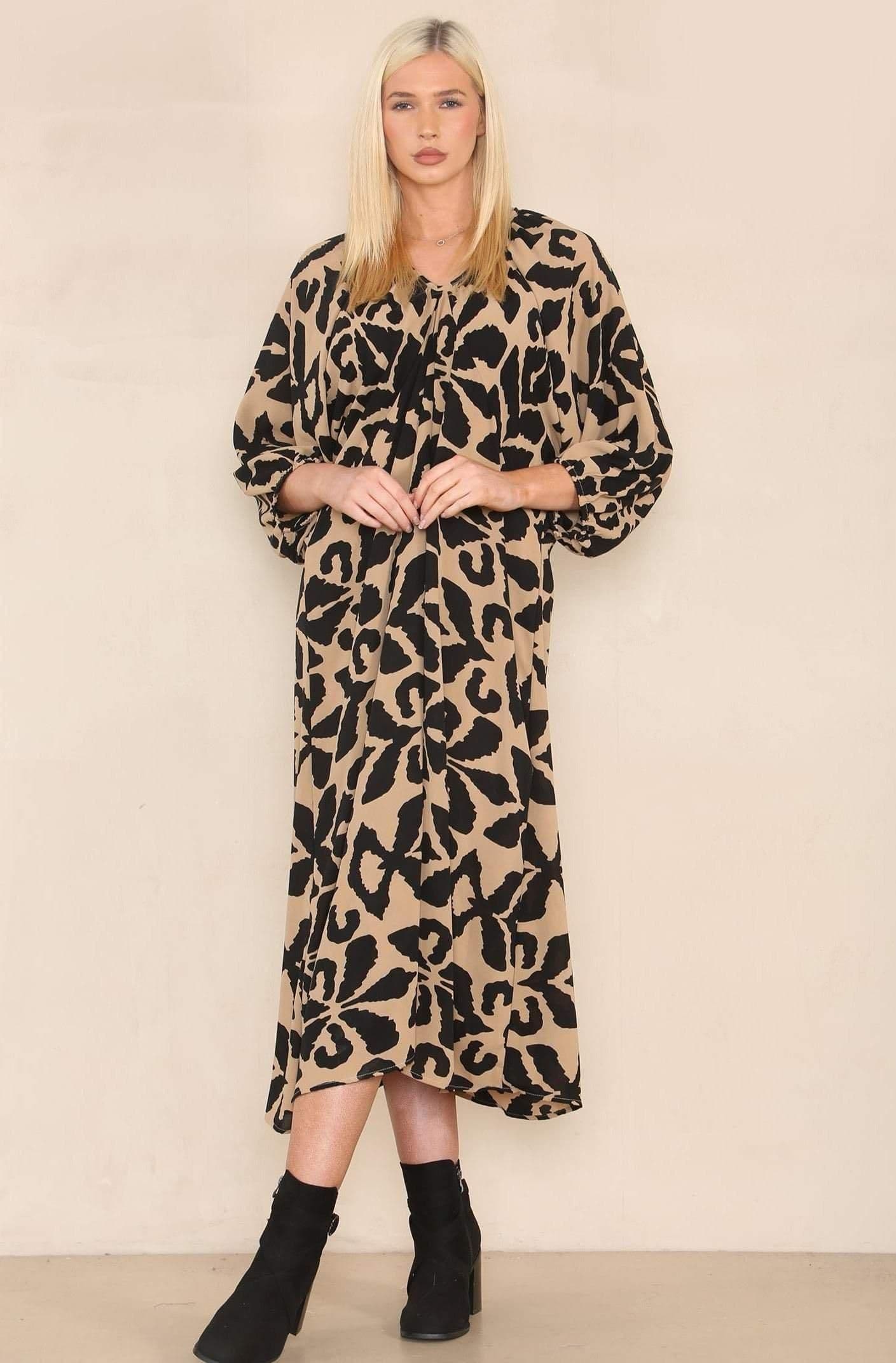 Printed V Neck Oversized Draped Curve Midi Dress