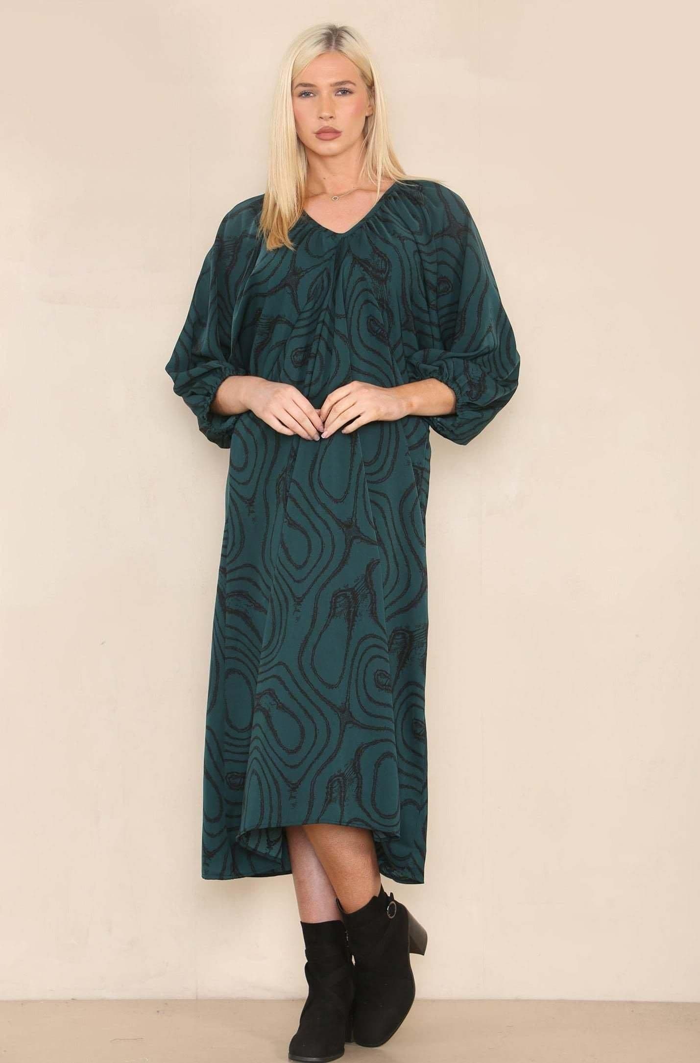 Emerald Swirl Print V Neck Oversized Draped Curve Midi Dress