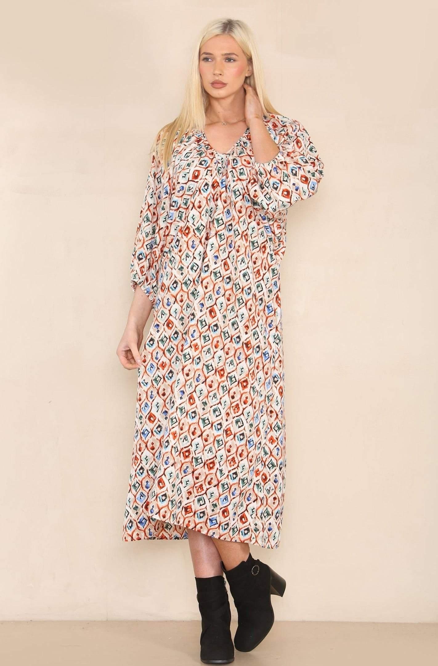 Gem Print V Neck Oversized Draped Curve Midi Dress