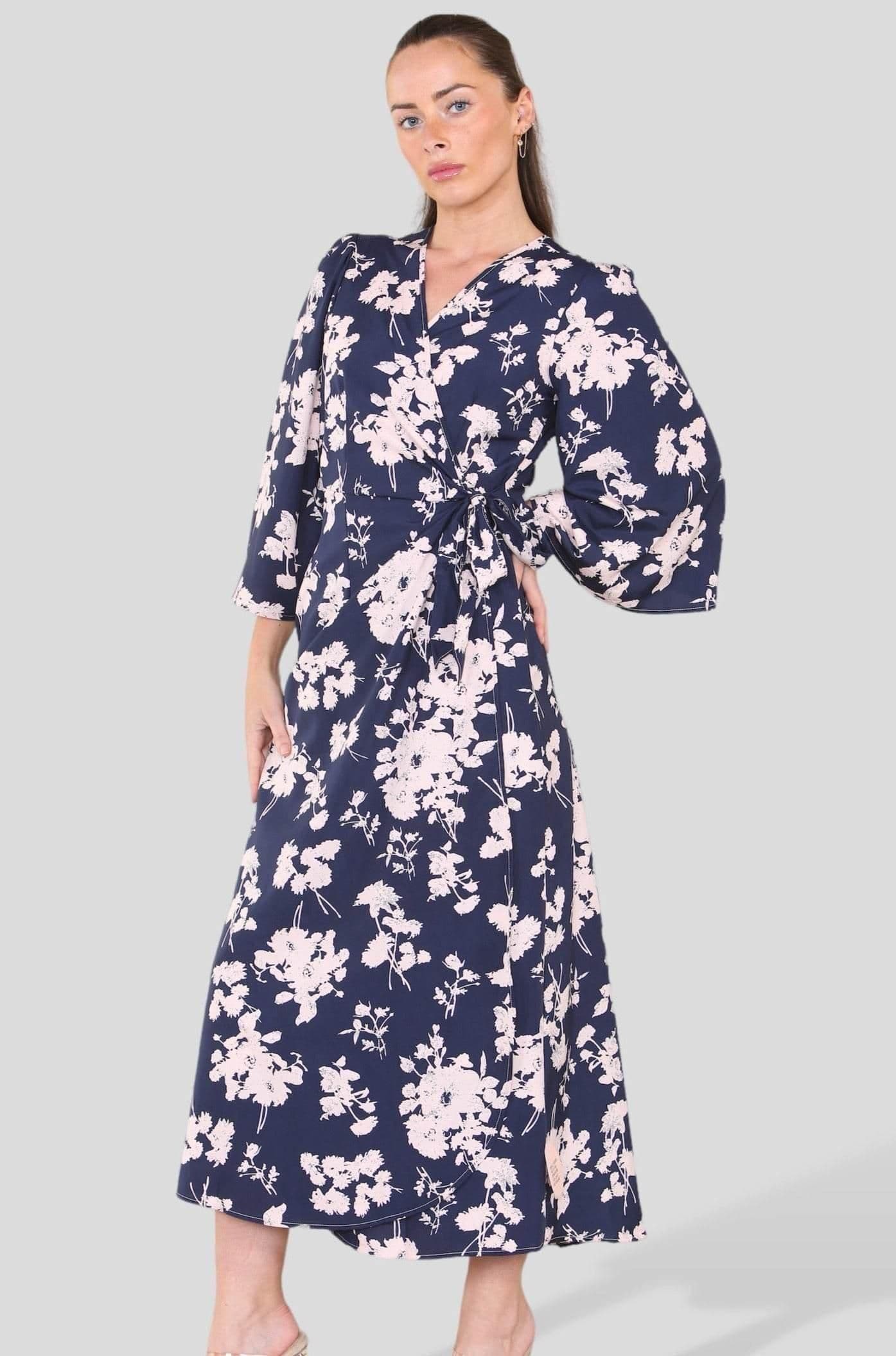 Floral Printed Bell Sleeve Wrap Maxi Dress