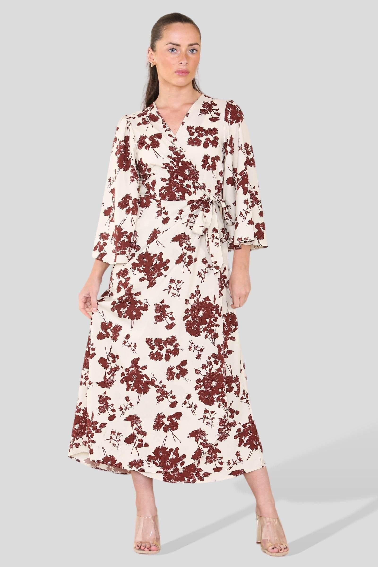 Rust Floral Printed Bell Sleeve Wrap Maxi Dress