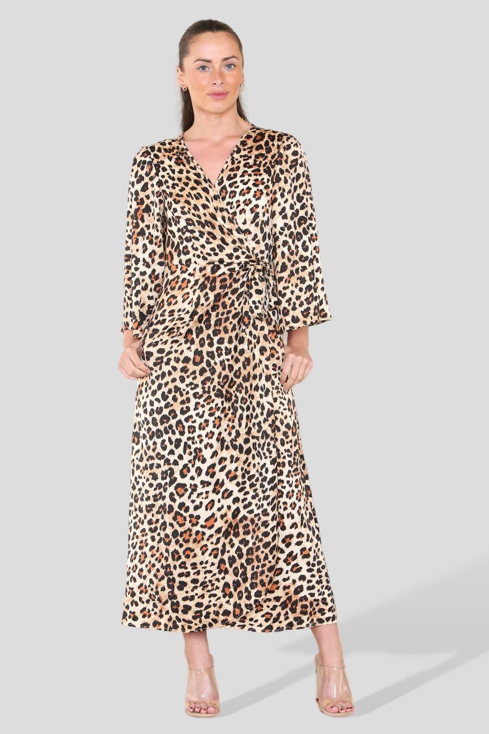 Leopard Printed Bell Sleeve Wrap Maxi Dress