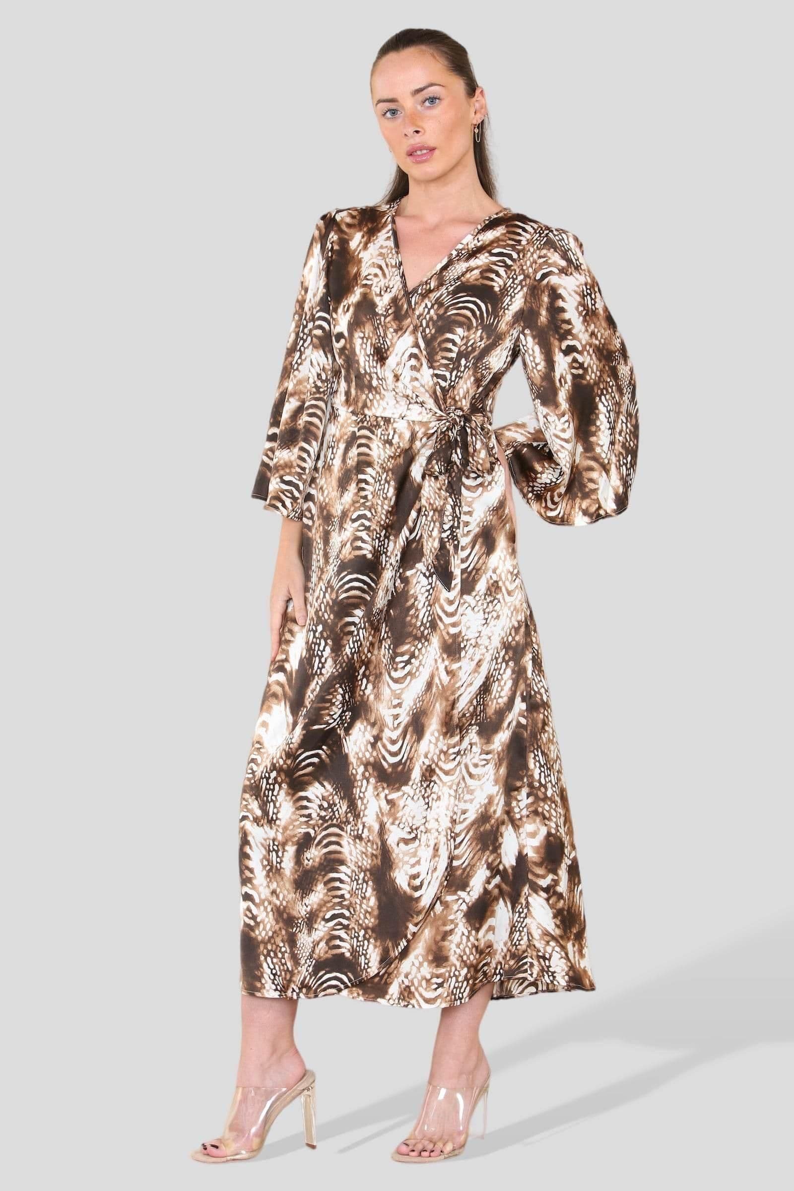 Snake Printed Bell Sleeve Wrap Maxi Dress