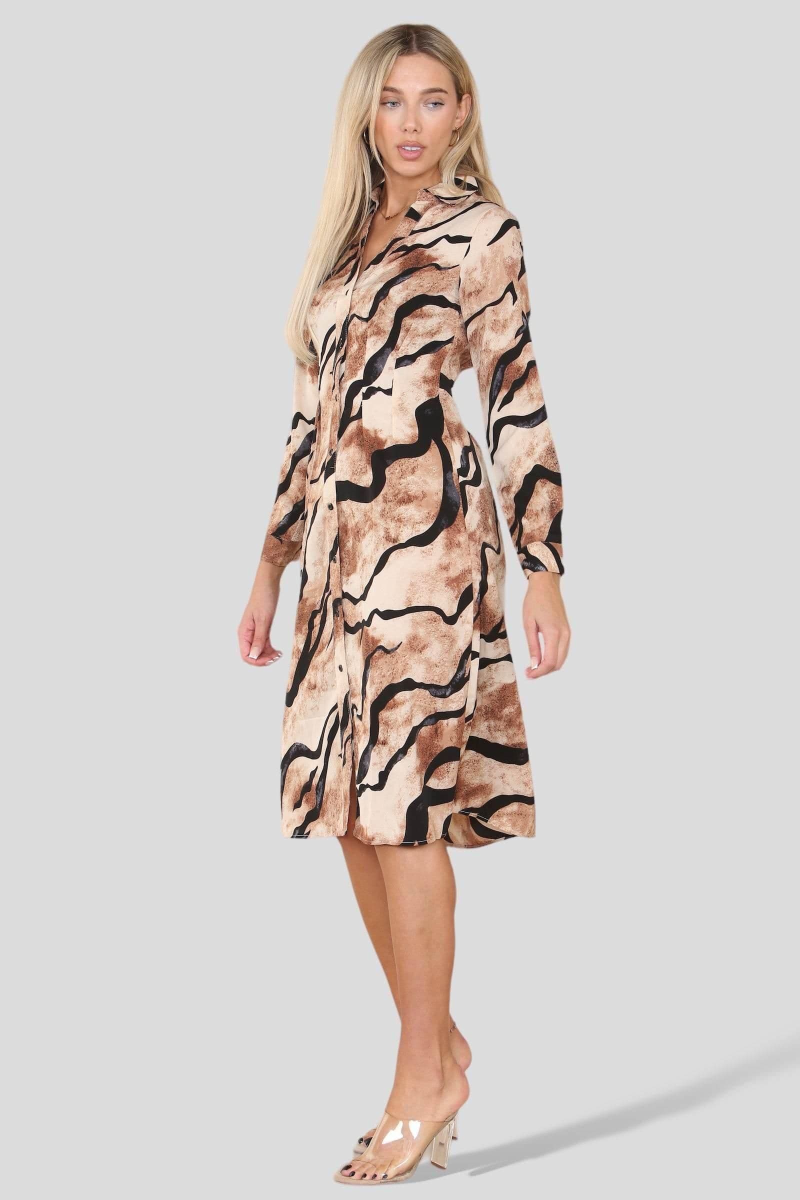Tiger Stripe Print Gathered Waist Midi Dress