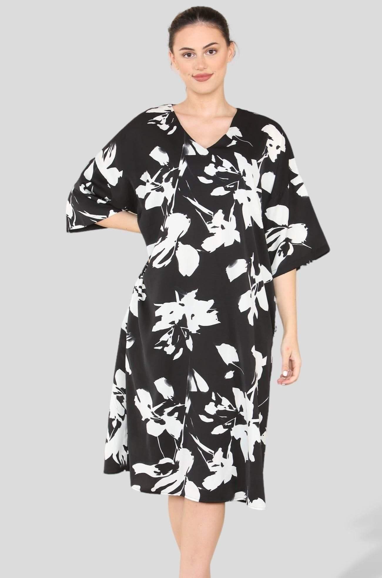 Mono Floral Print Oversized Shift Midi Dress