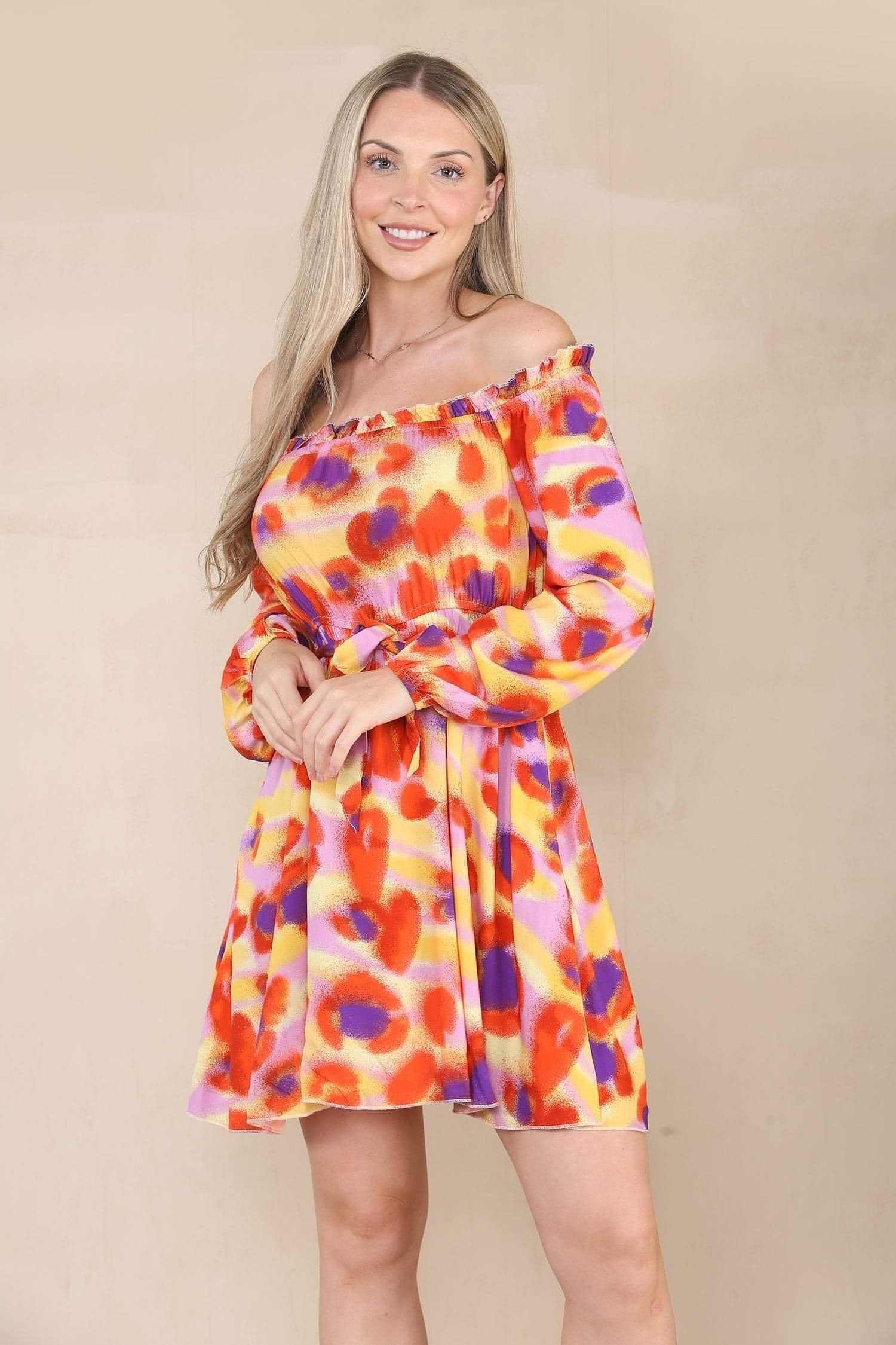 Printed Cold Shoulder Bardot Mini Dress