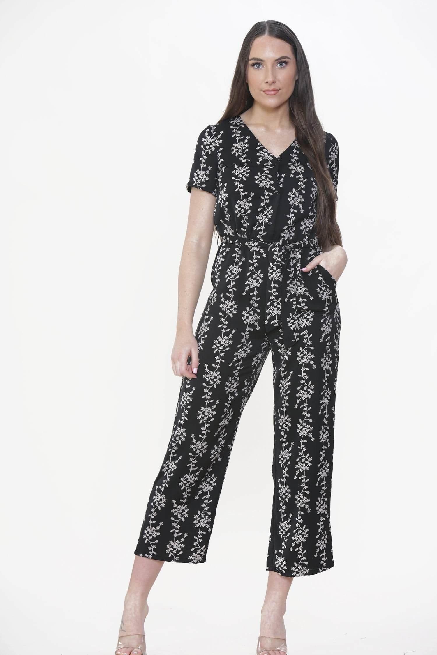 Floral Printed Short Sleeve Belted Jumpsuit