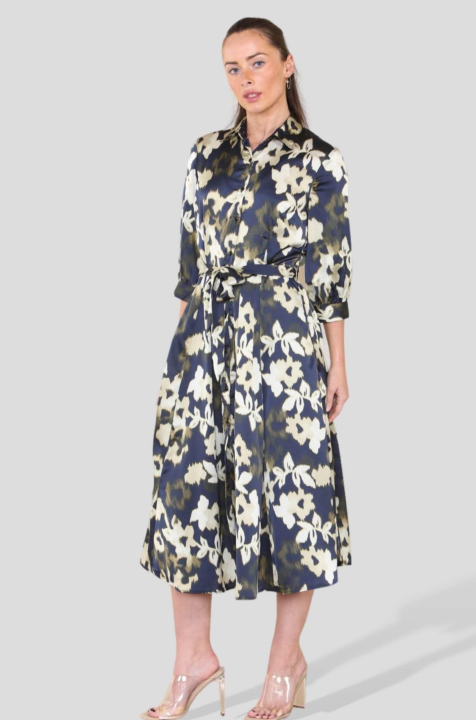 Abstract Floral Print Satin Midi Shirt Dress