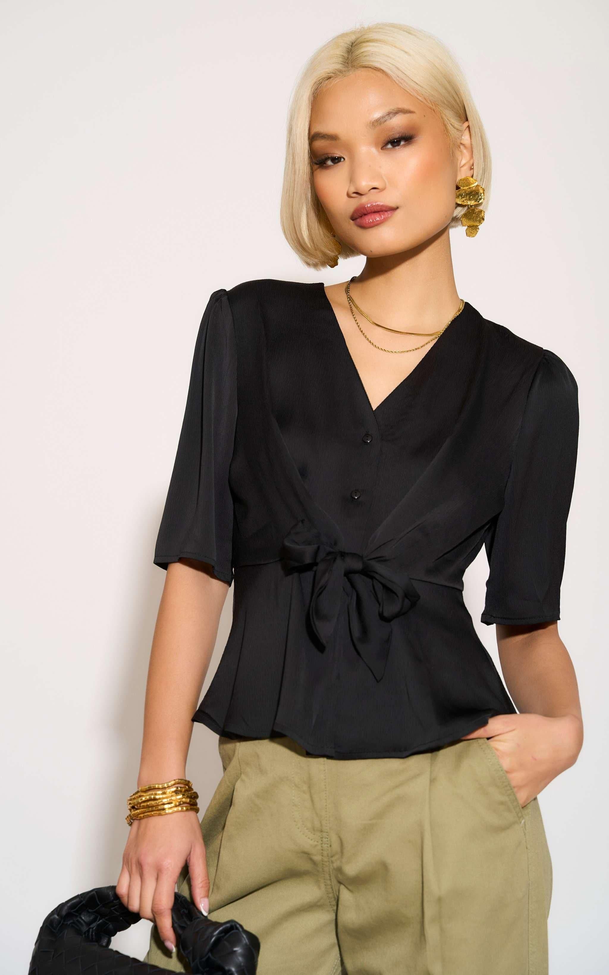 Short Sleeve Knotted Crepe Satin Top