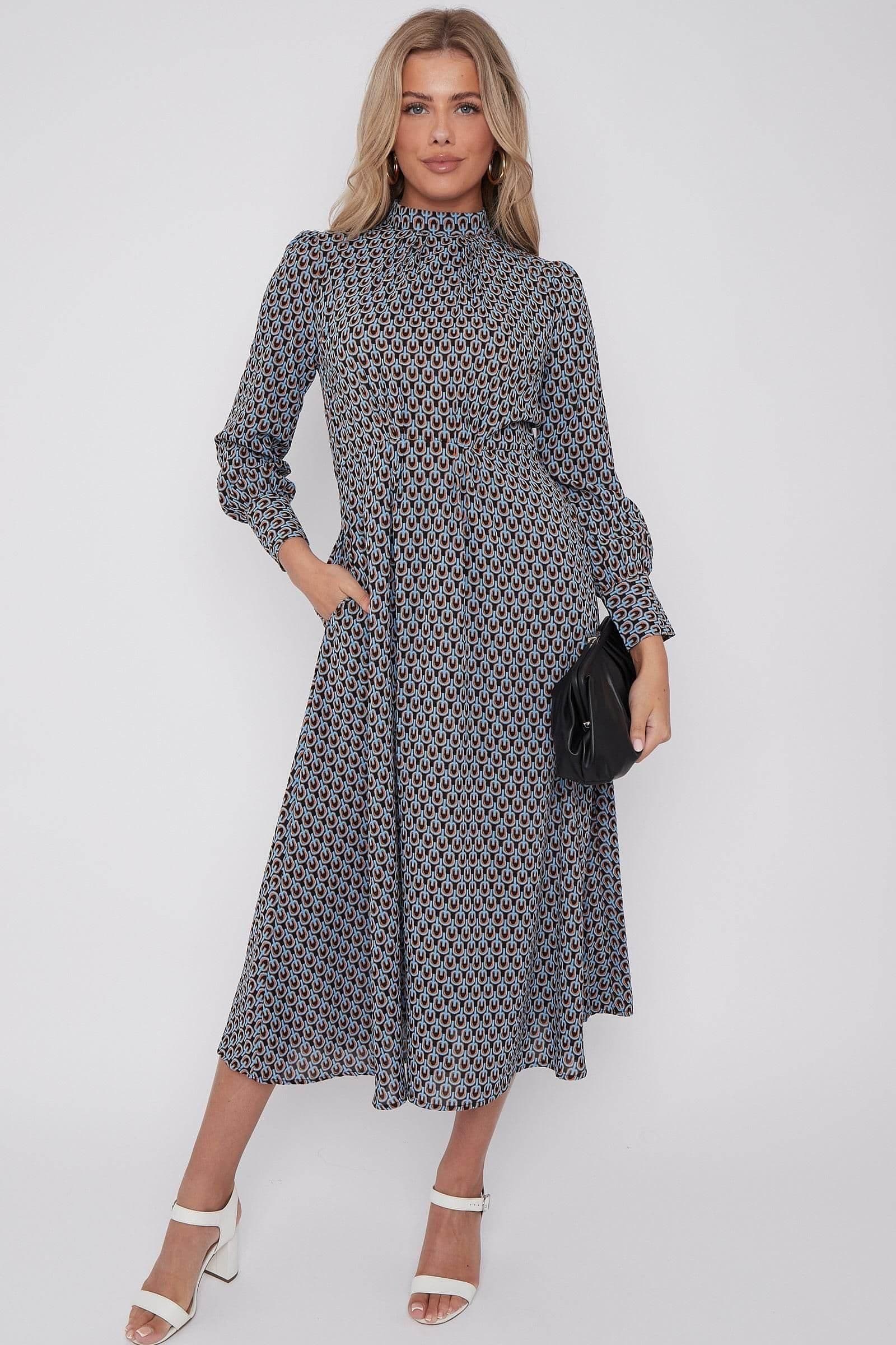 Geo Print Pleated Skirt Midaxi Dress