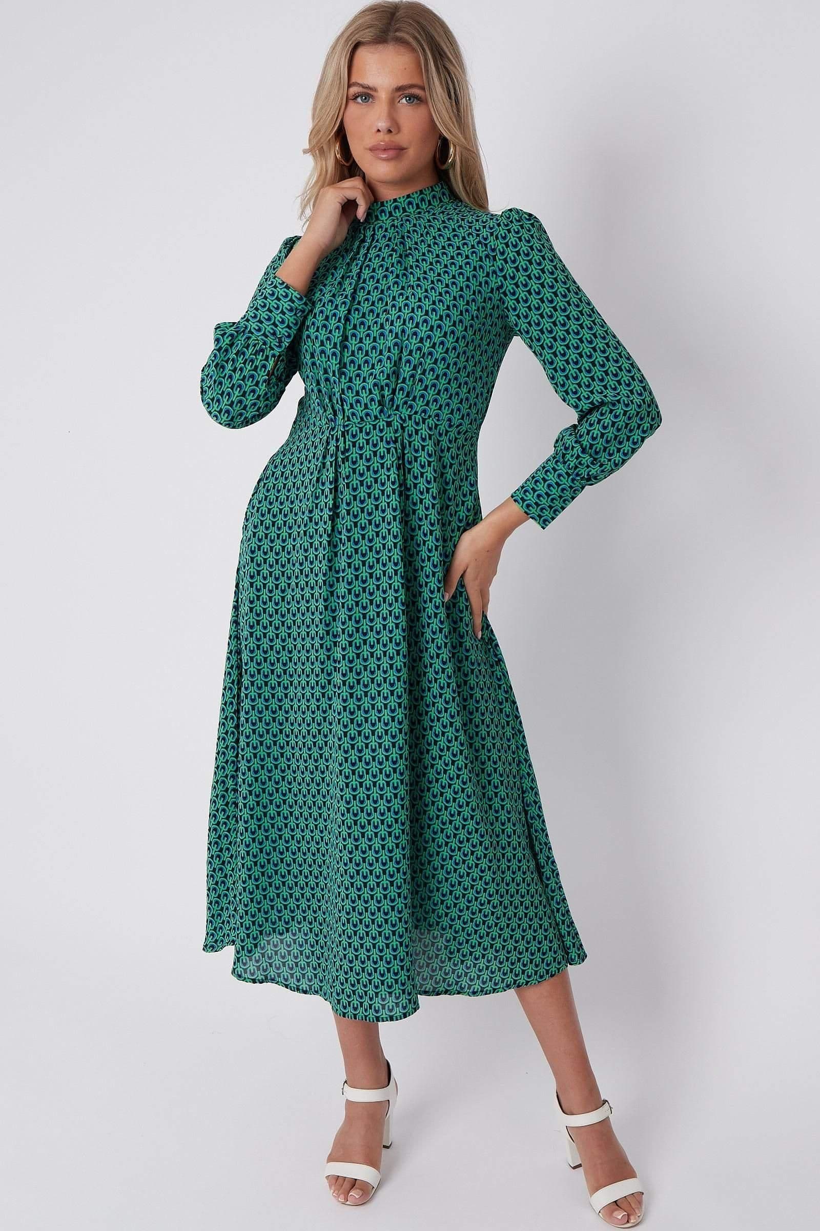 Geo Print Pleated Skirt Midaxi Dress
