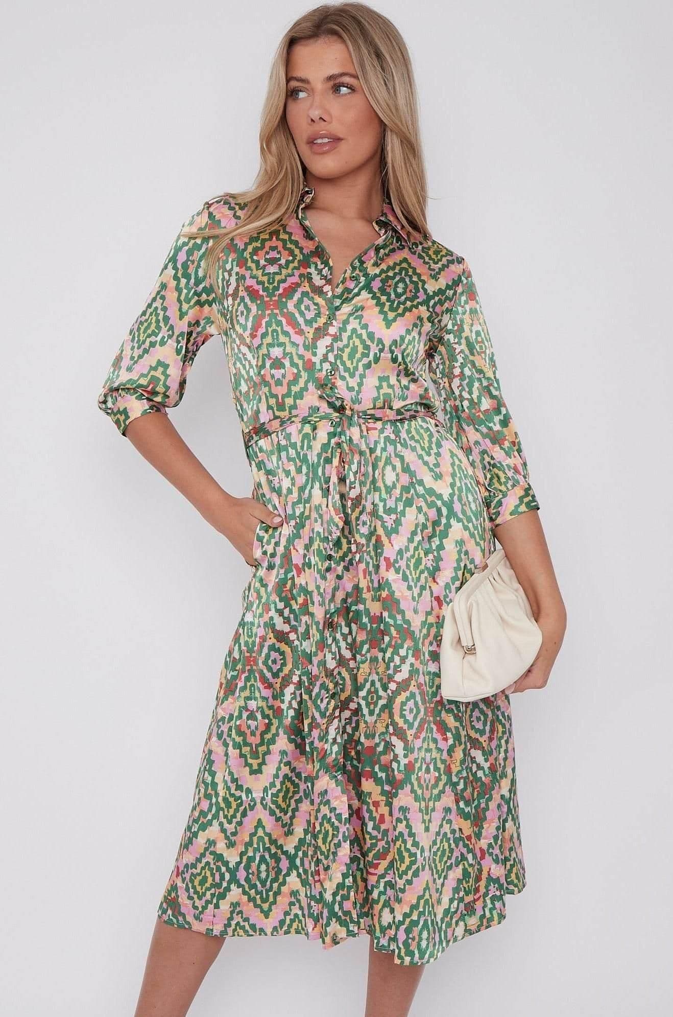 Aztec Print Half SleeveSatin Midi Shirt Dress