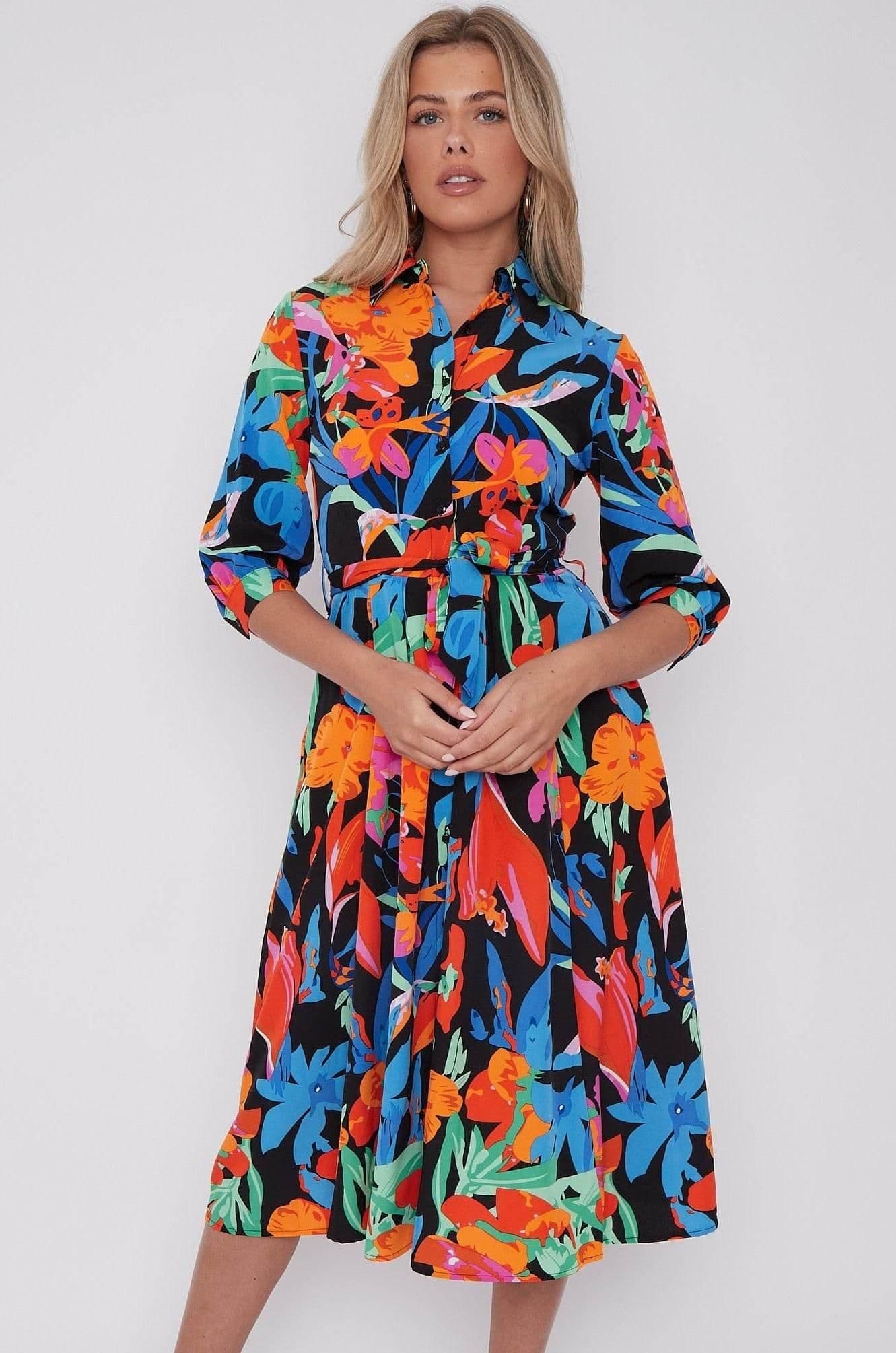 Floral Print Half Sleeve Midi Shirt Dress