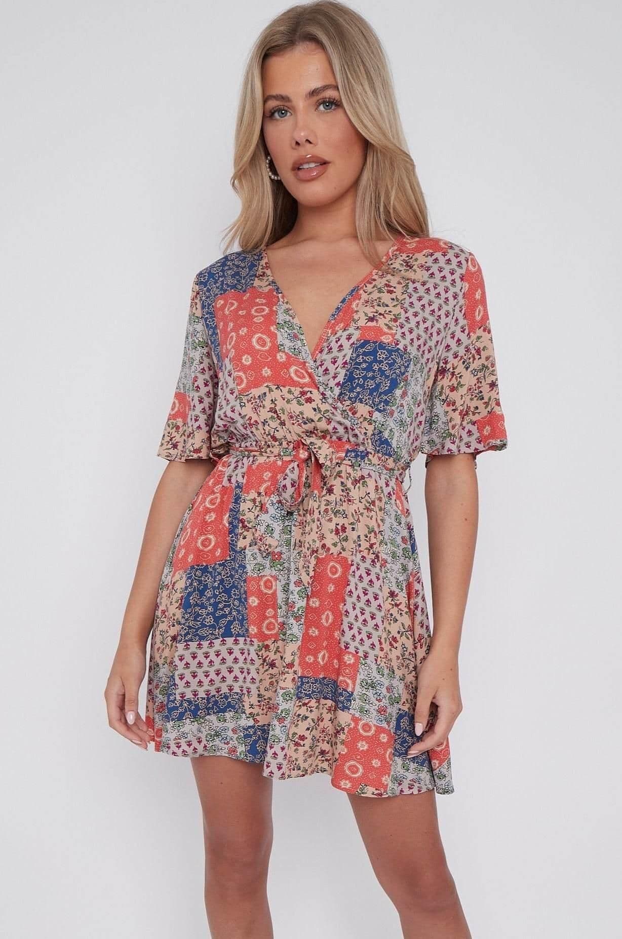 Floral Patch Print Wrapped Mini Dress