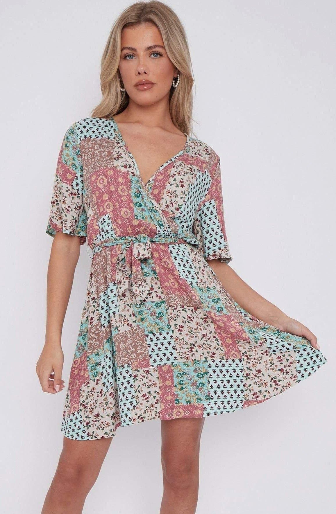 Floral Patch Print Wrapped Mini Dress
