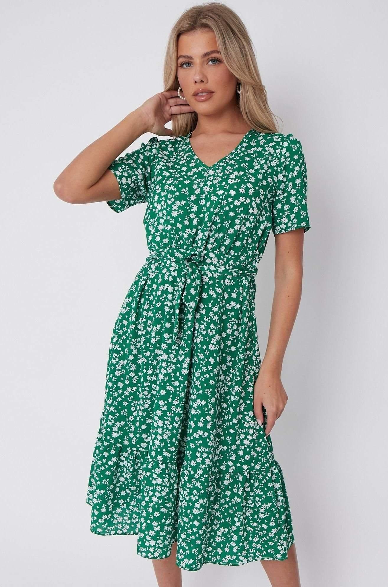 Floral Print V Neck Frilled Hem Midi Dress