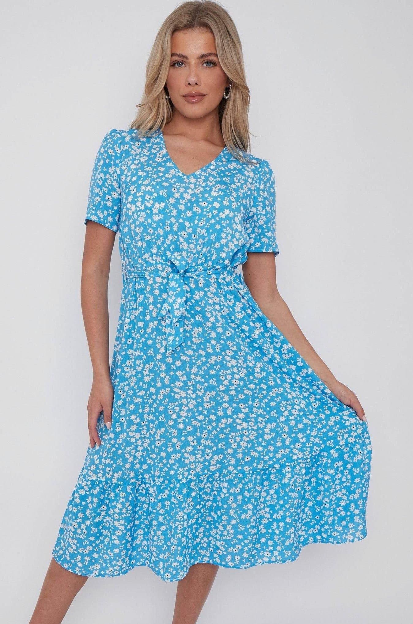 Floral Print V Neck Frilled Hem Midi Dress