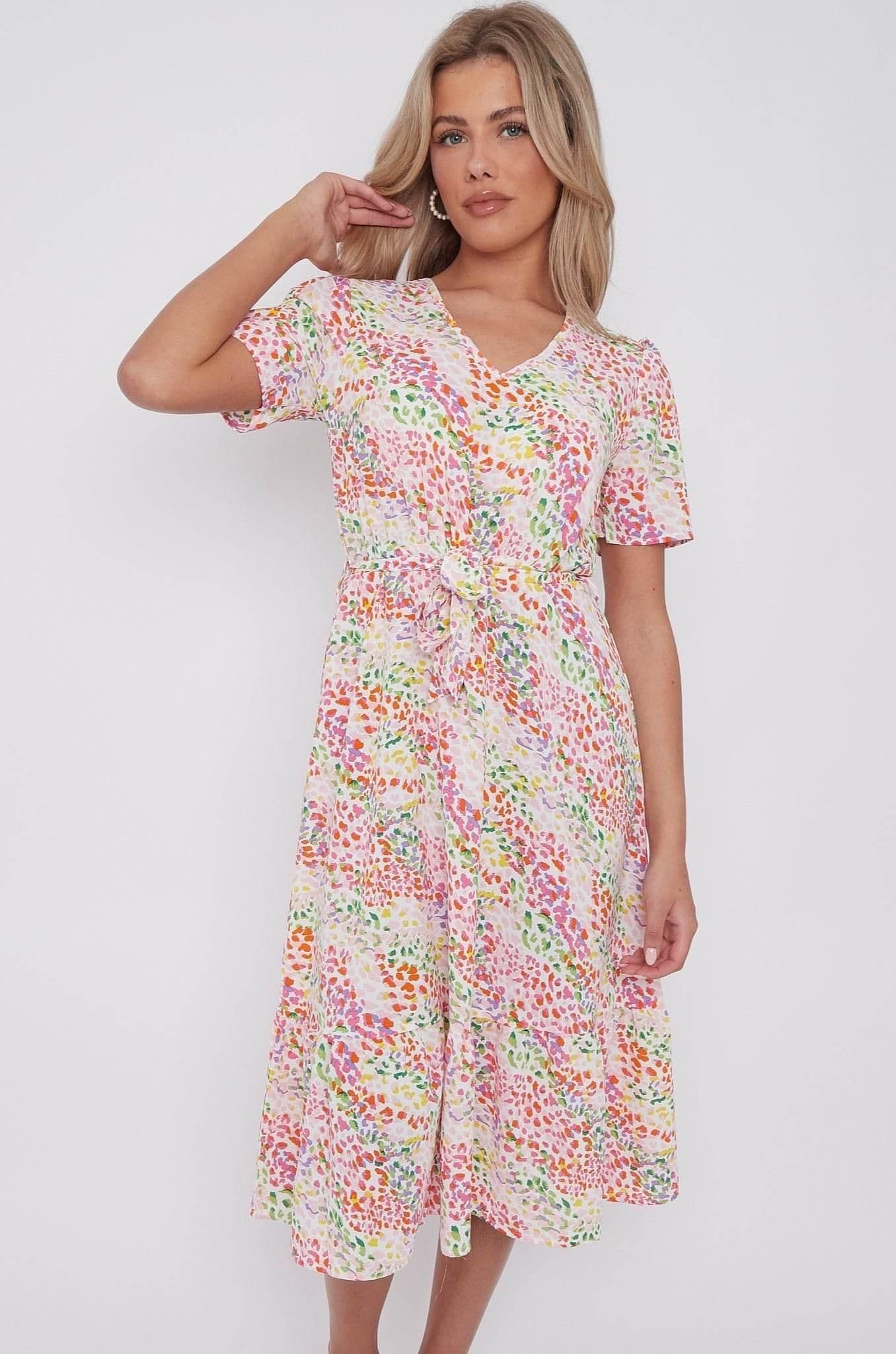Leopard Print V Neck Frilled Hem Midi Dress