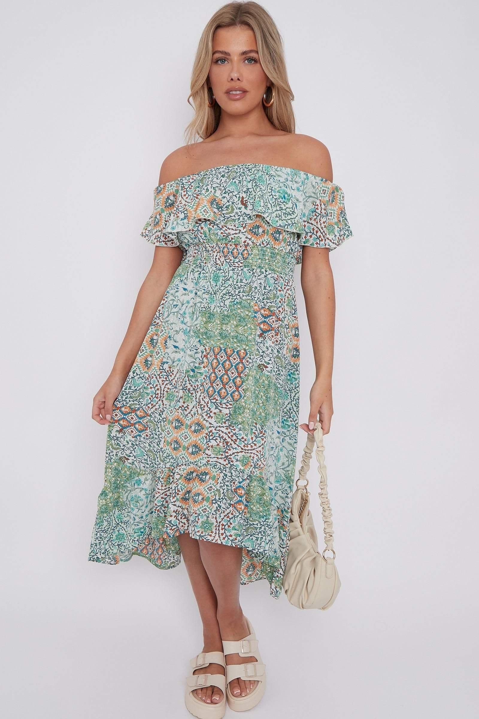 Floral Patch Print Bardot Midi Dress