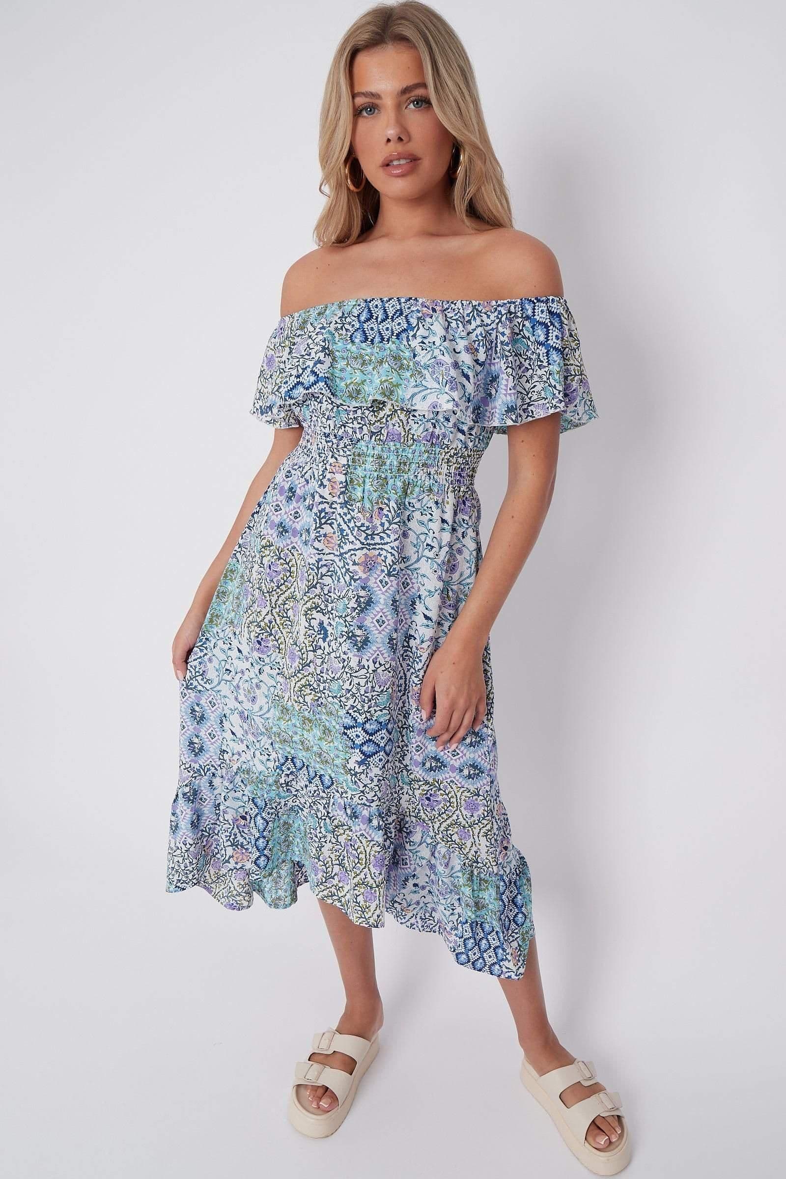 Floral Patch Print Bardot Midi Dress