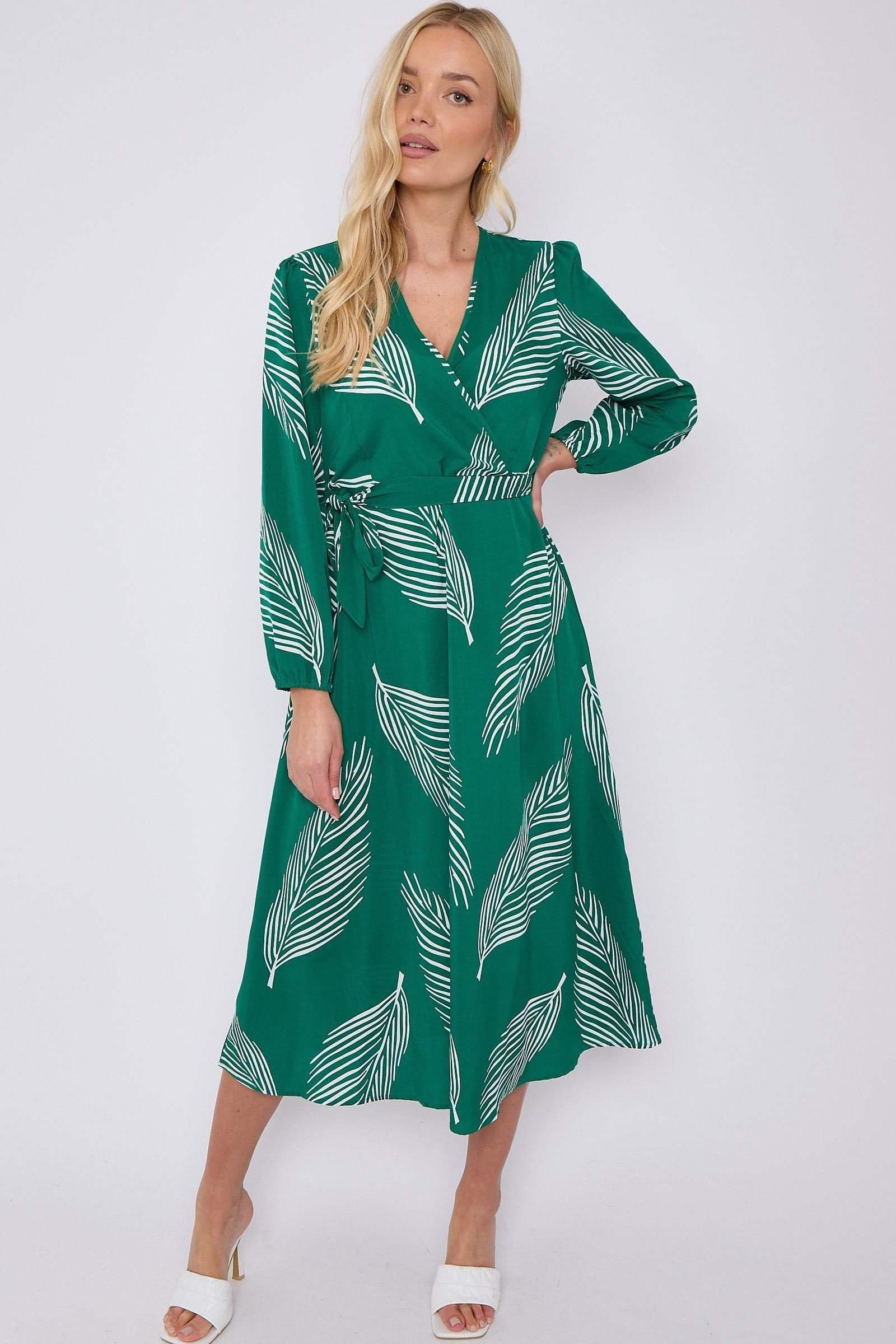 Plam Leaf Printed V Neck Midi Dress