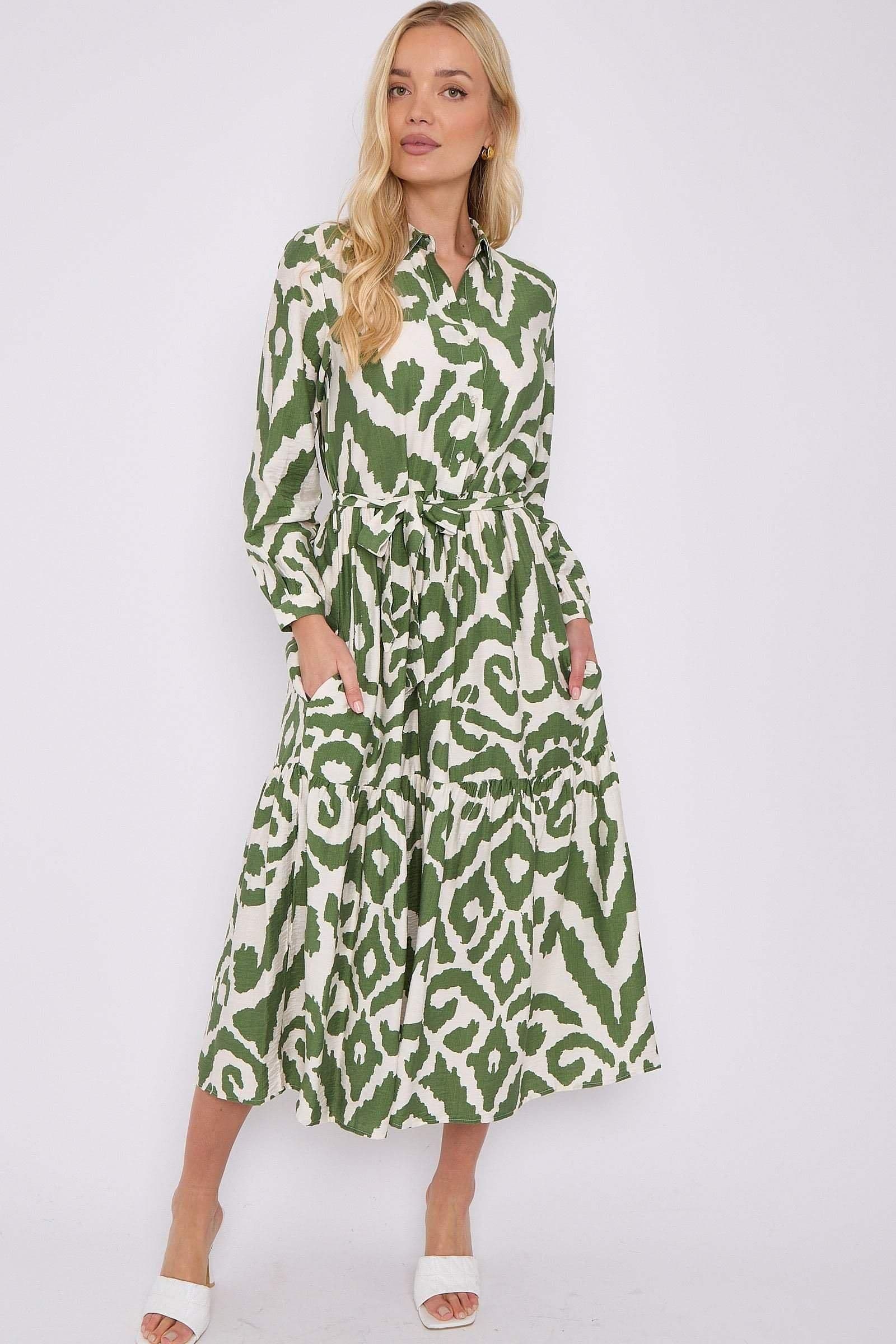 Pattern Print Long Sleeve Smock Maxi Dress