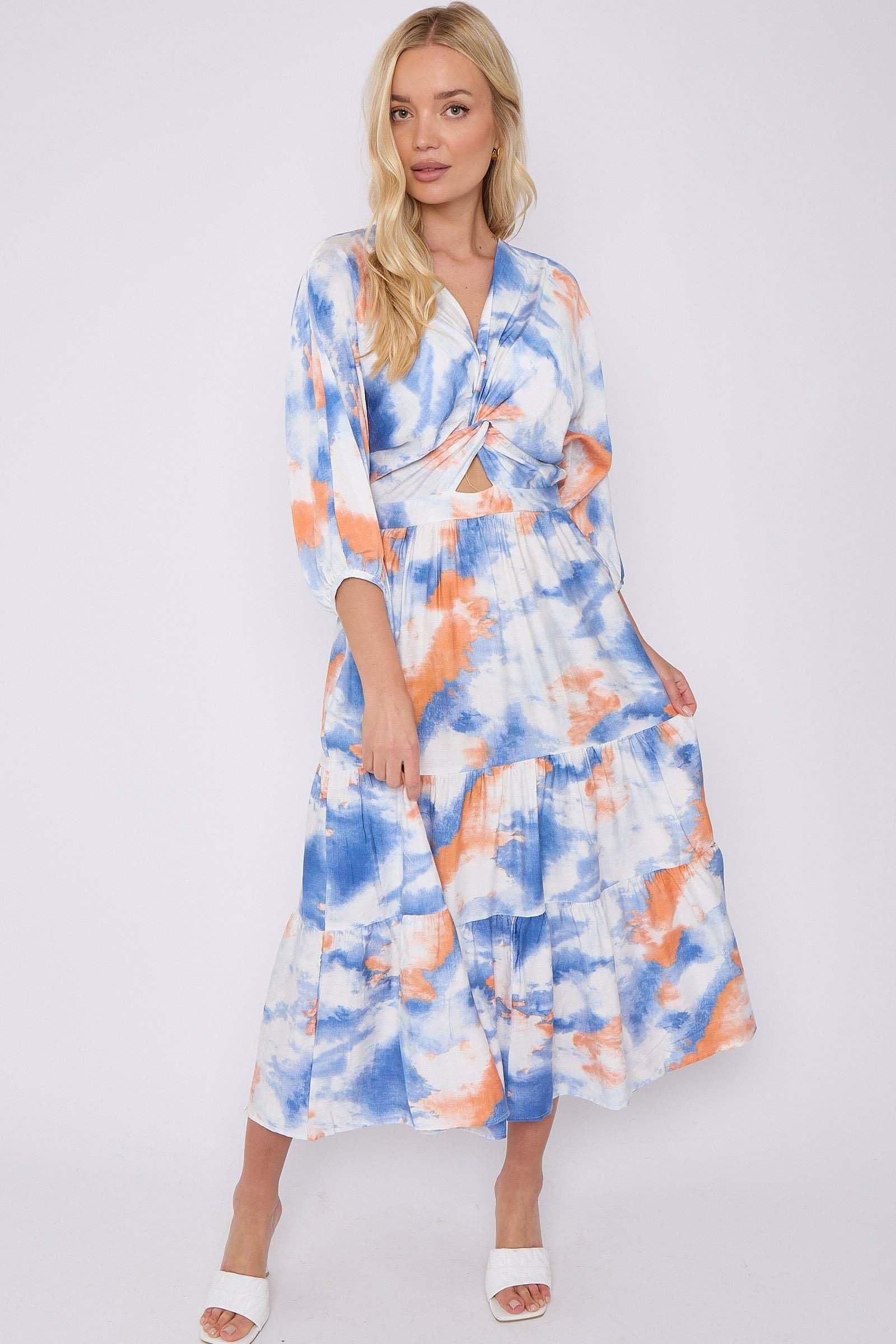 Orange Tie Dye Print Knotted Long Sleeve Maxi Dress