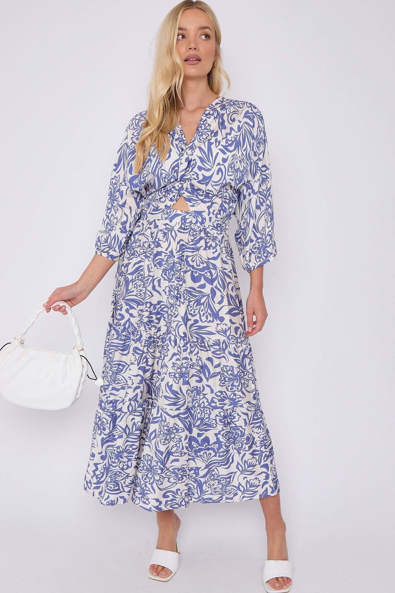 Floral Print Knotted Long Sleeve Maxi Dress