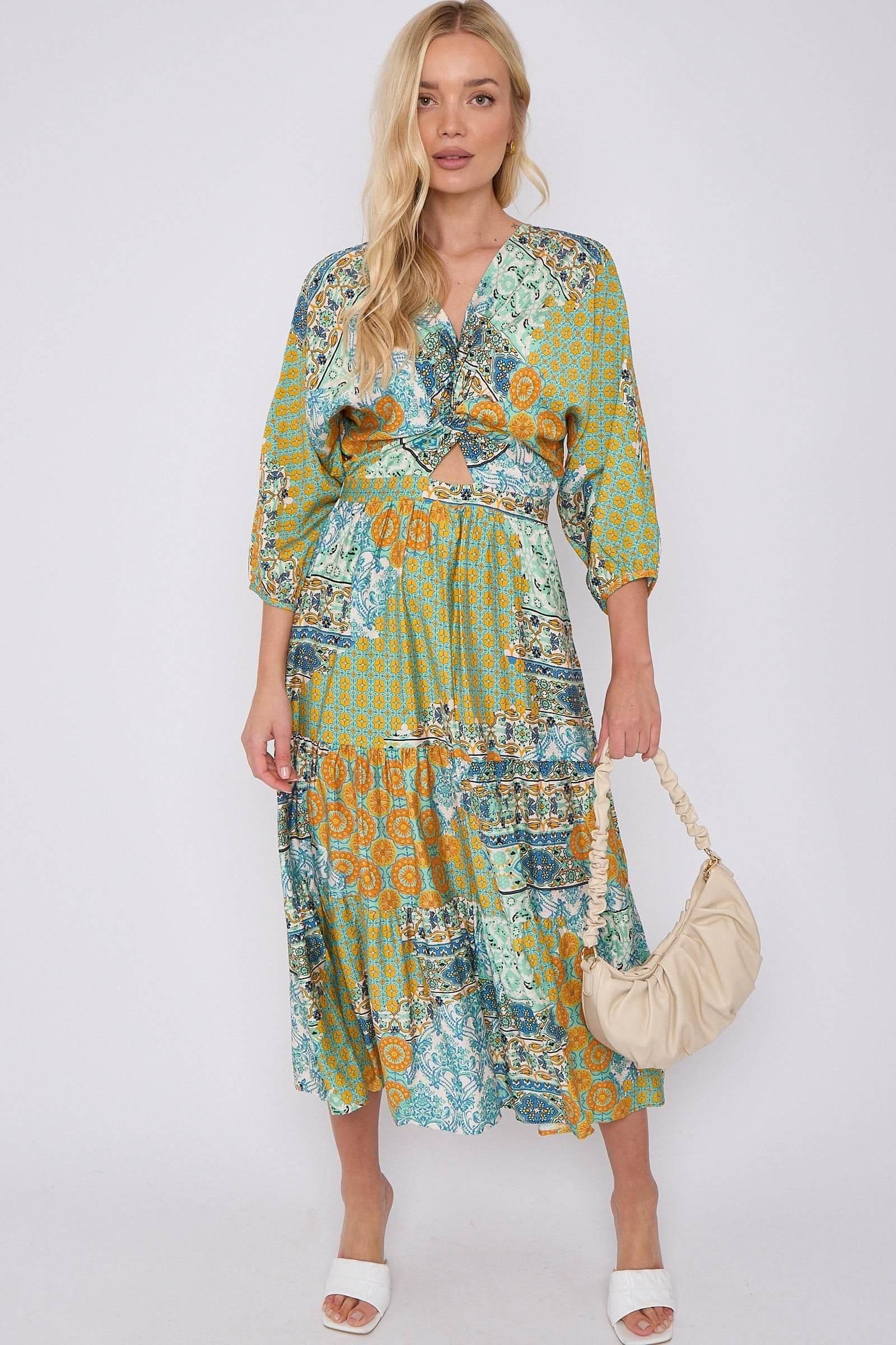 Green Multi FPrint Knotted Long Sleeve Maxi Dress