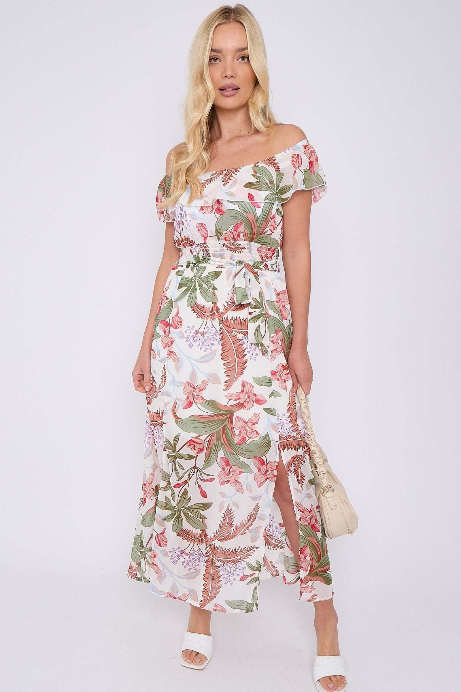 Palm Leaf Print Chiffon Bardot Maxi Dress