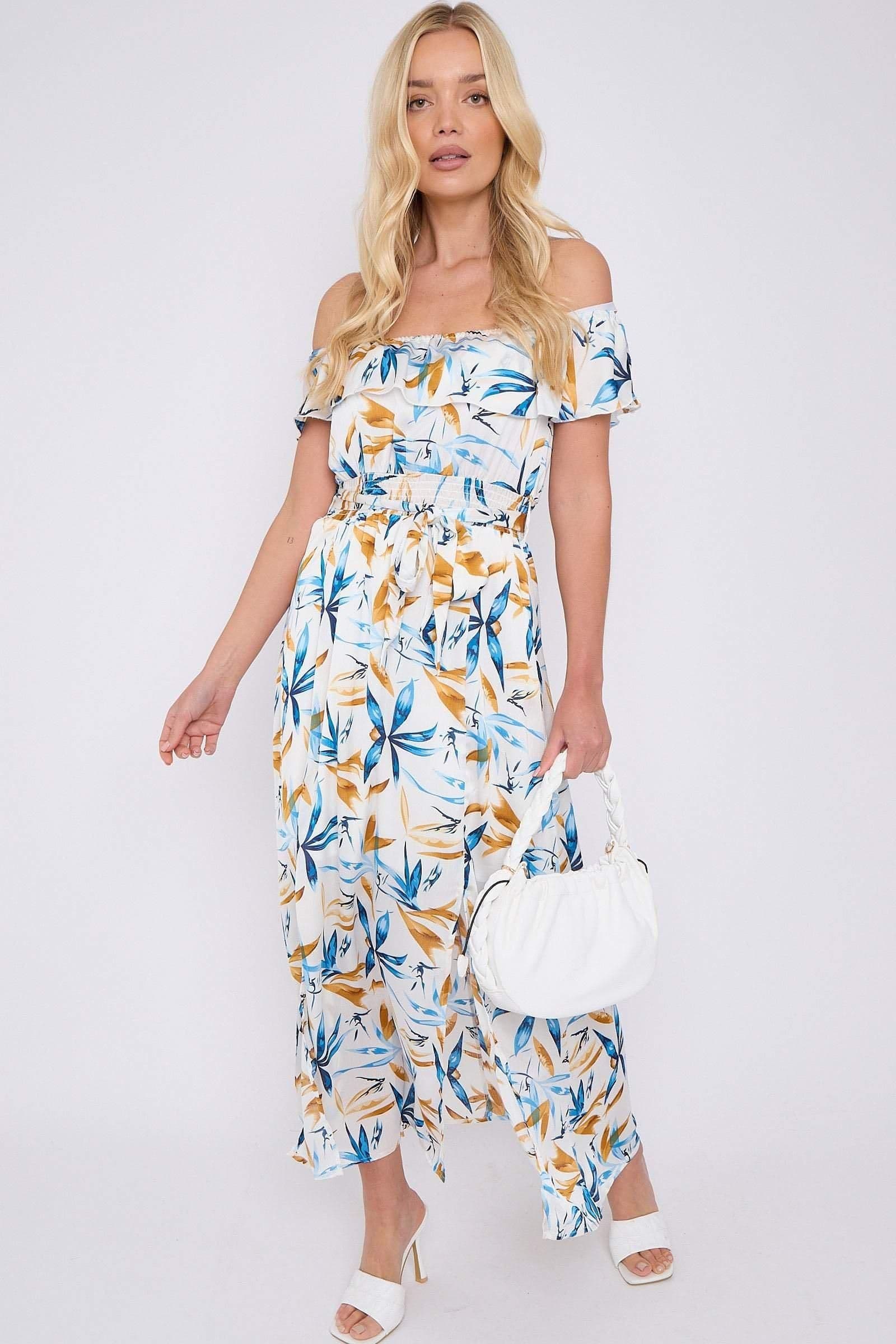 Mustard Floral Print Bardot Maxi Dress