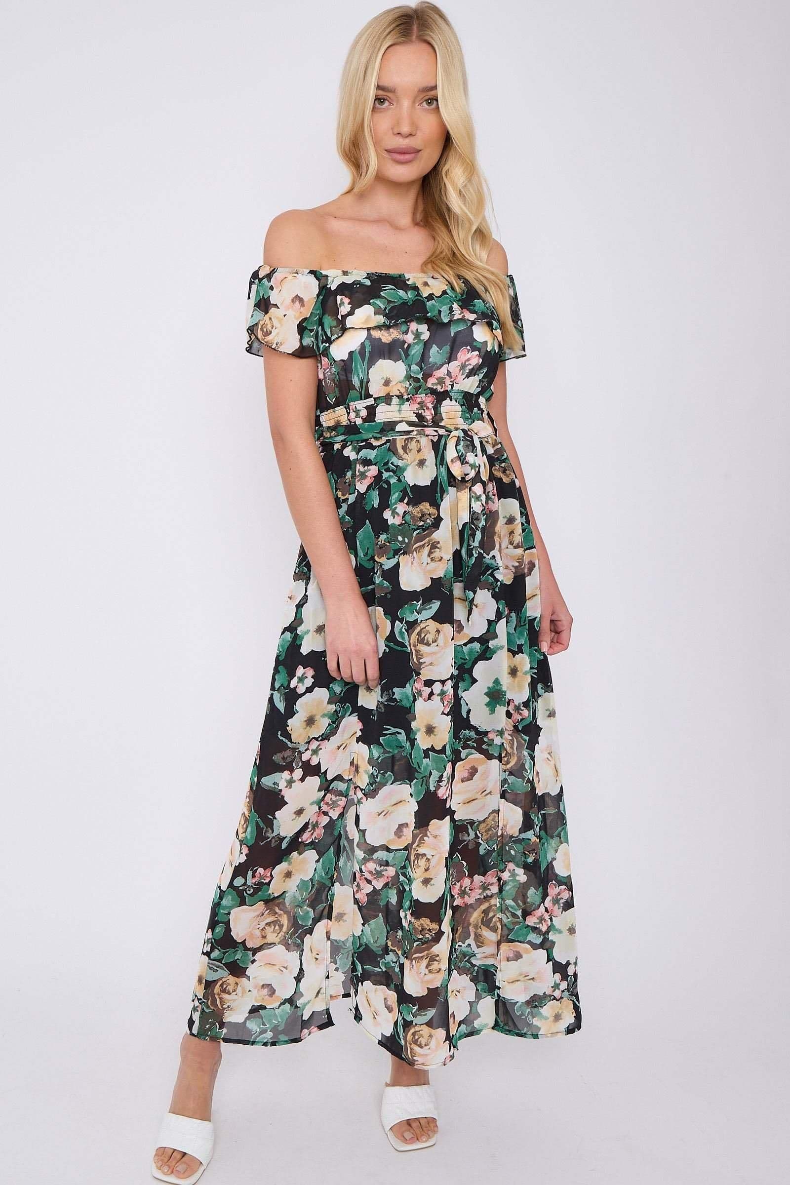 Rose Floral Print Chiffon Bardot Maxi Dress