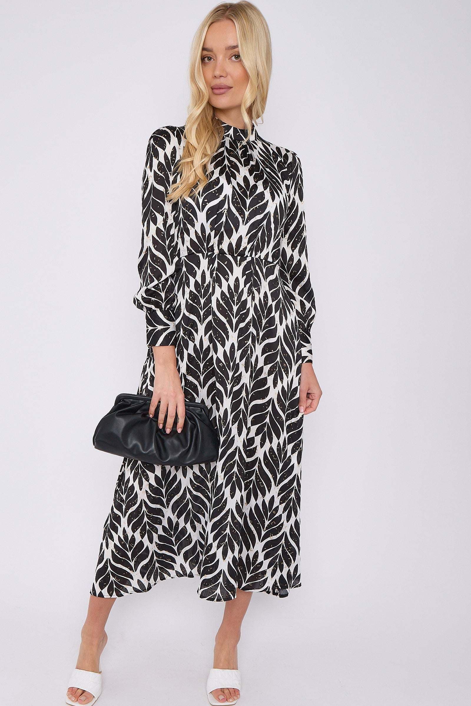 Leaf Print Gold Dotted High Neck Maxi Dress