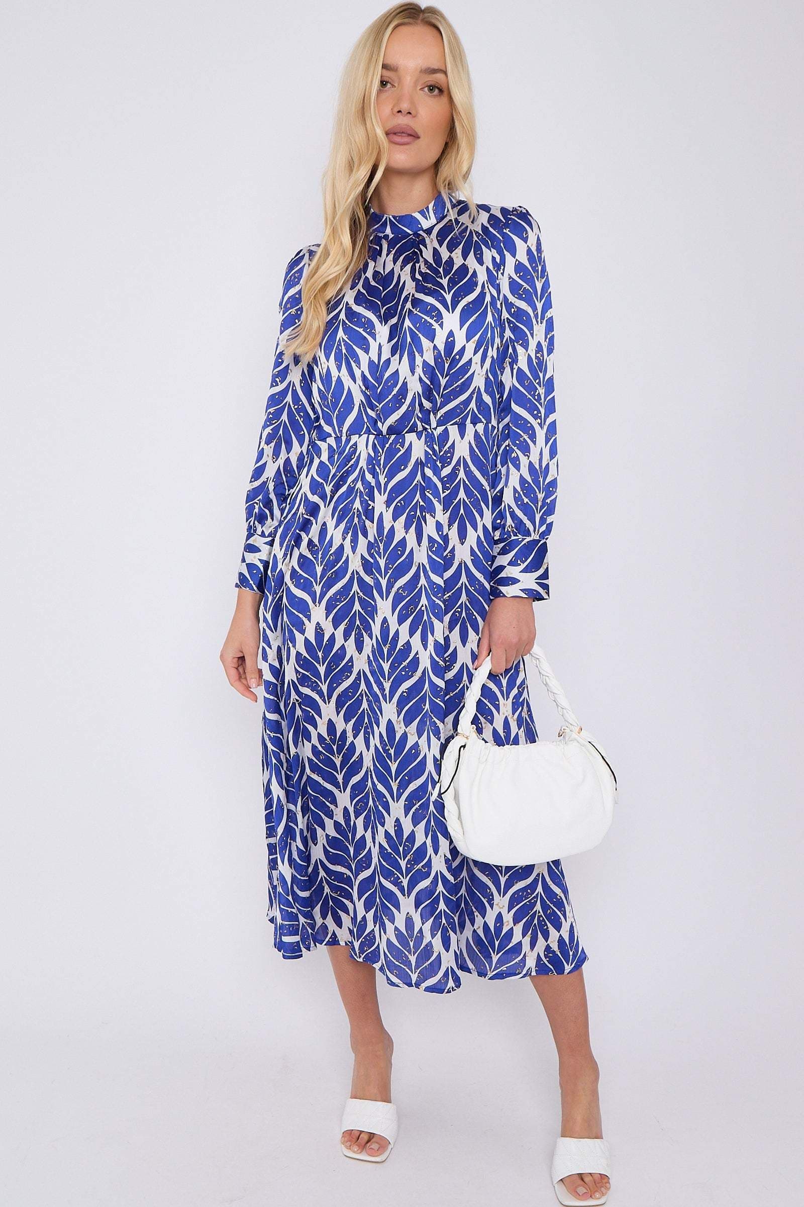 Leaf Print Gold Dotted High Neck Maxi Dress