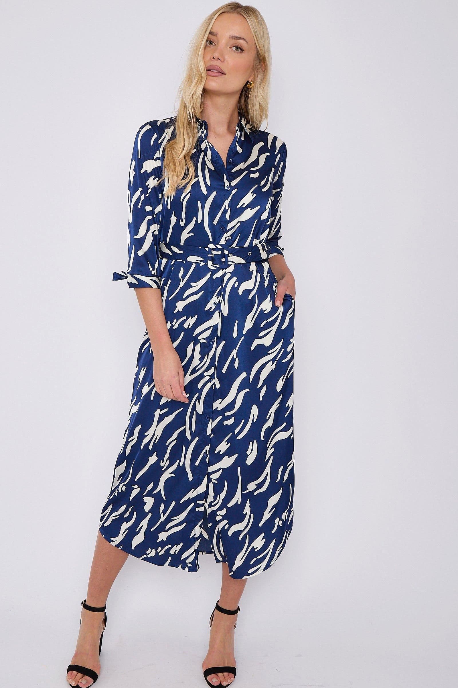 Print Half Sleeve Belted Satin Maxi Shirt Dress