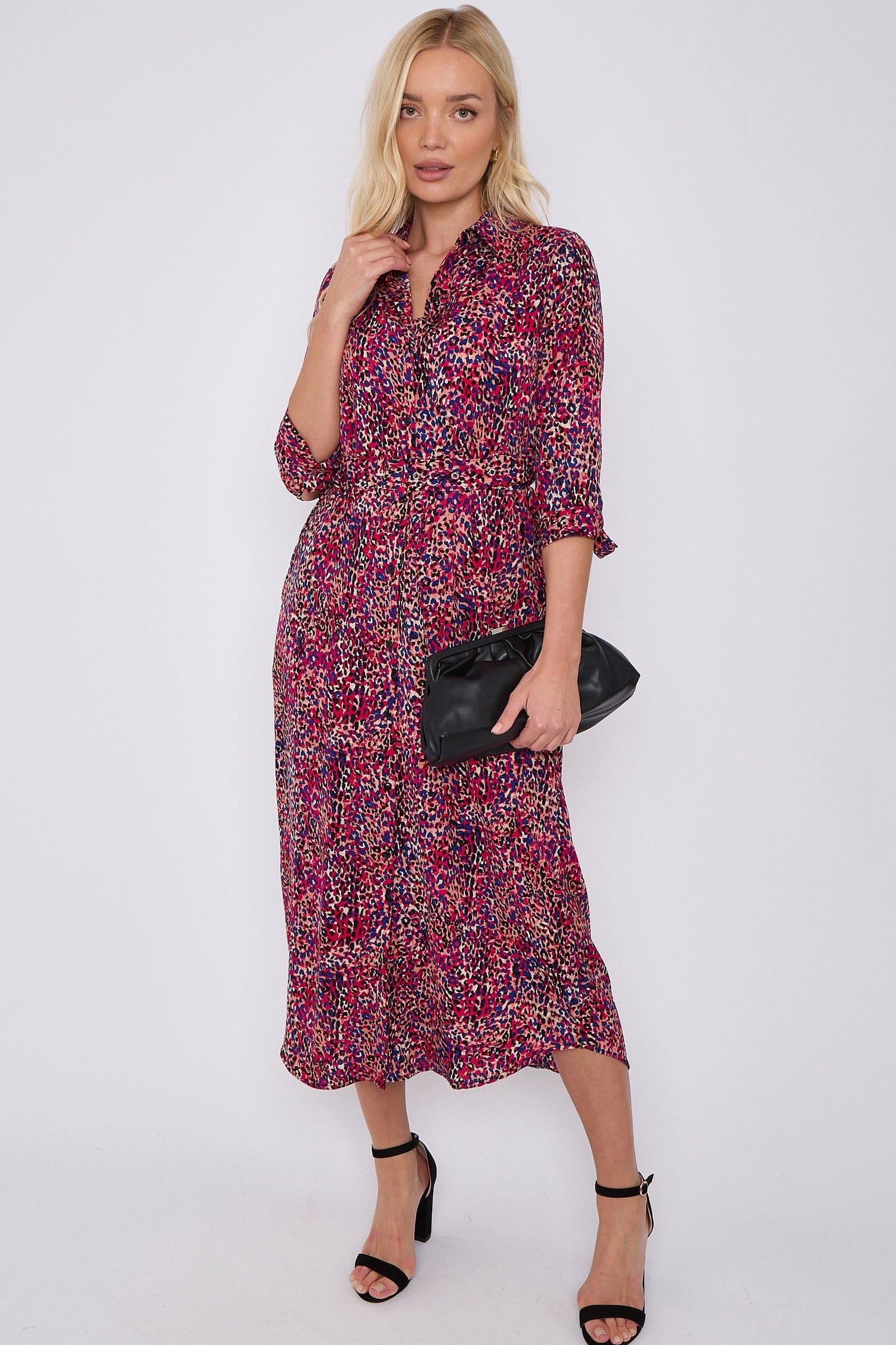 Leopard Print Half Sleeve Belted Maxi Shirt Dress